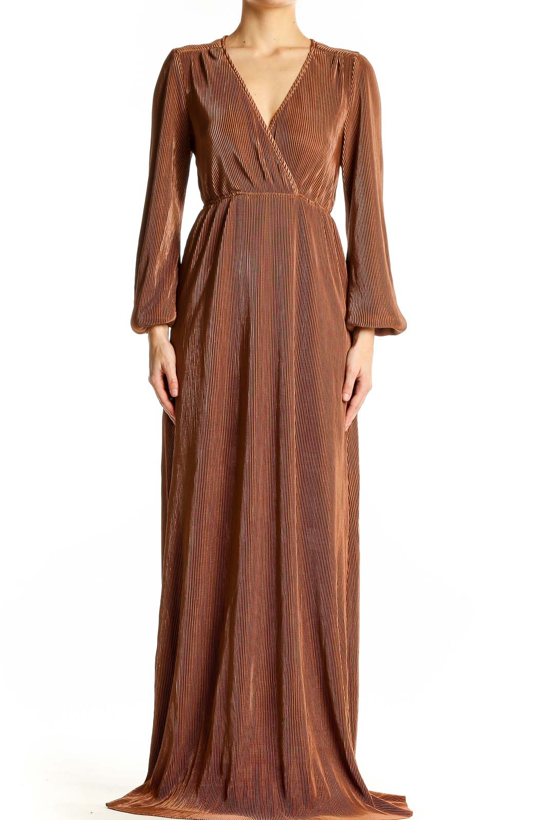 Copper Pleated Wrap Maxi Dress Front