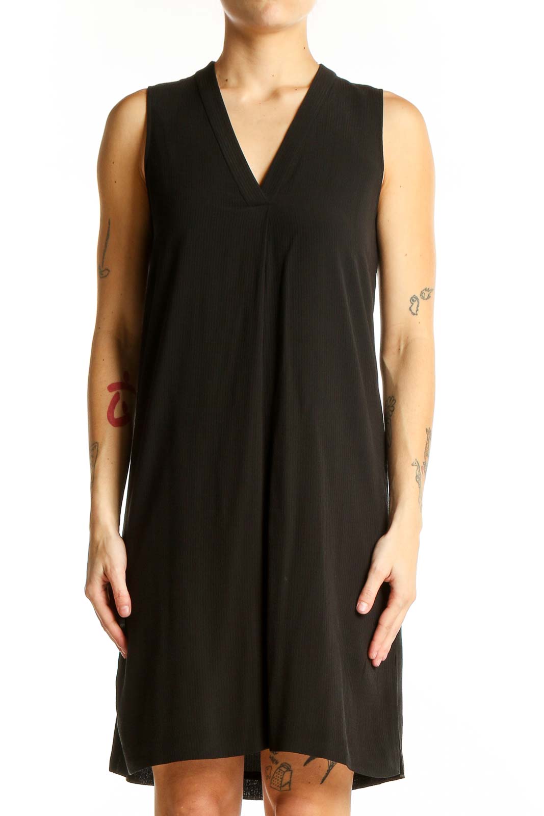 Black V-Neck Sleeveless Shift Dress Front