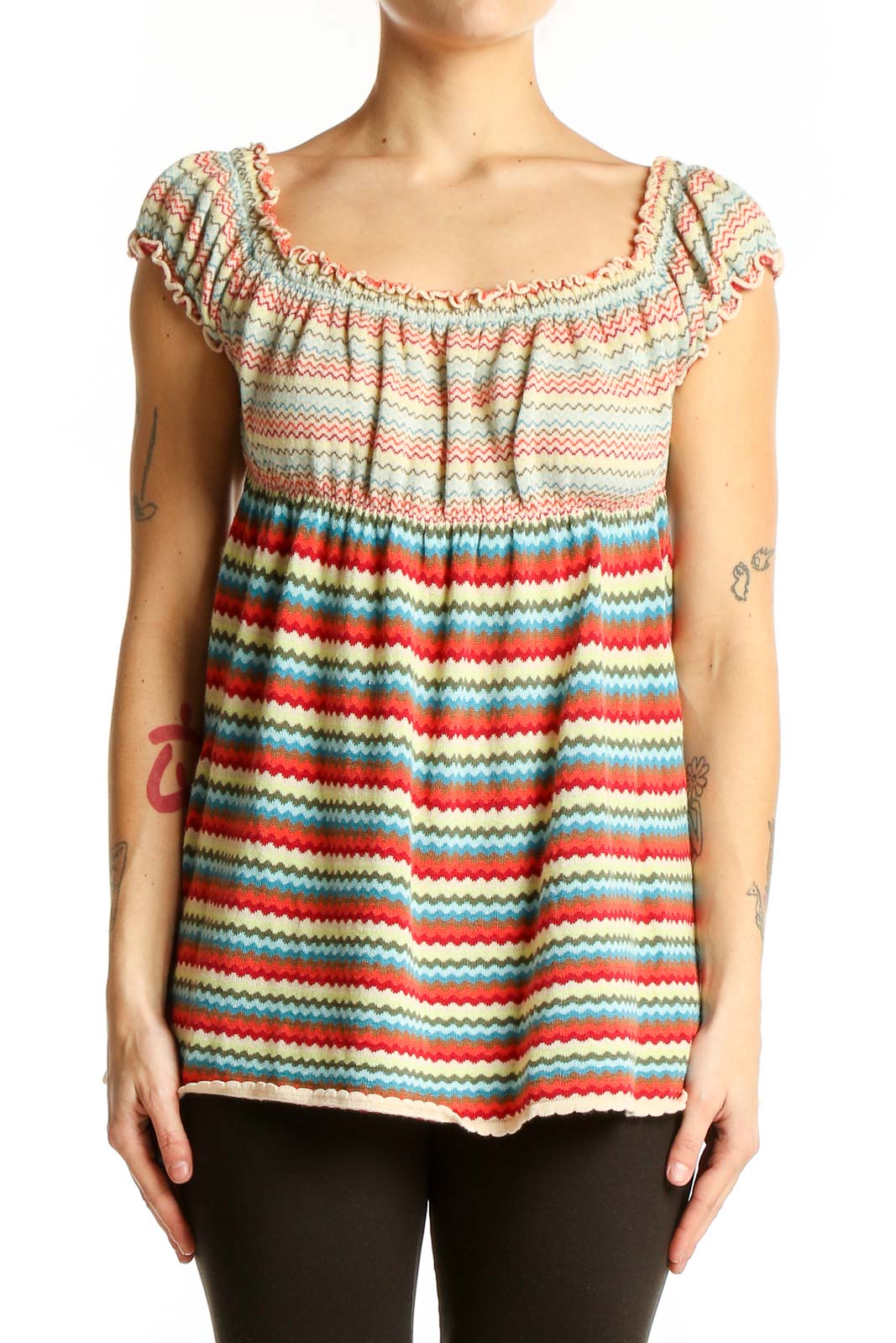 Multicolor Striped Off-Shoulder Cotton Top Front