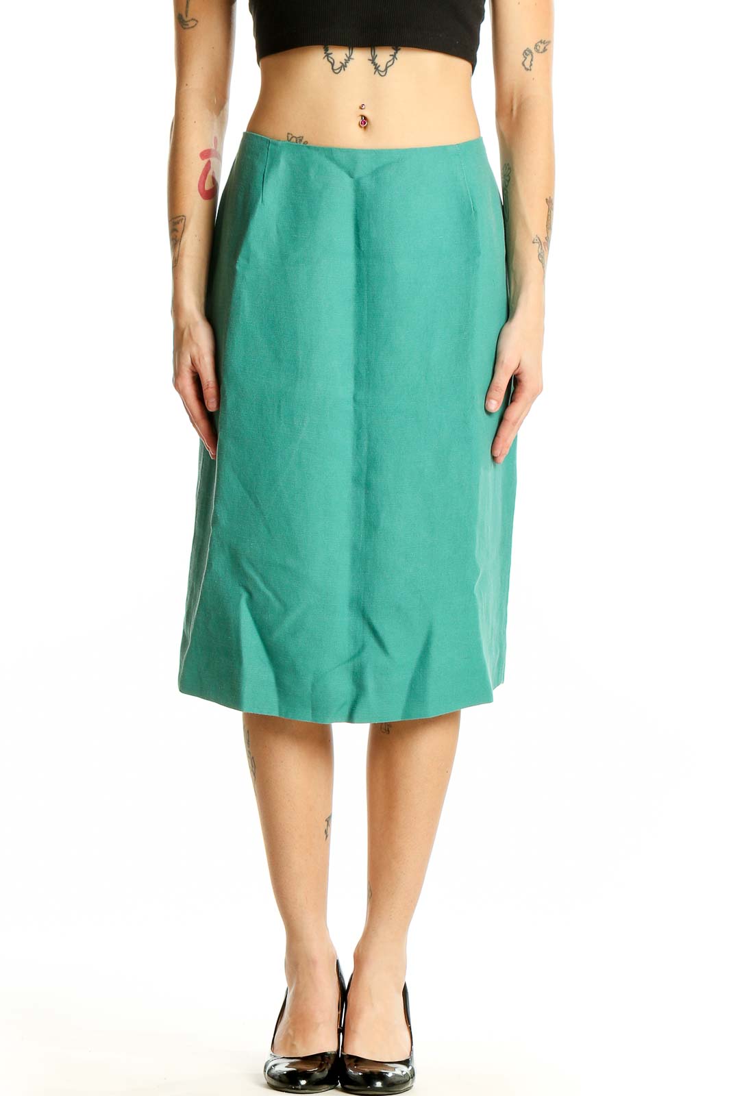 Teal Linen Blend Midi Skirt Front
