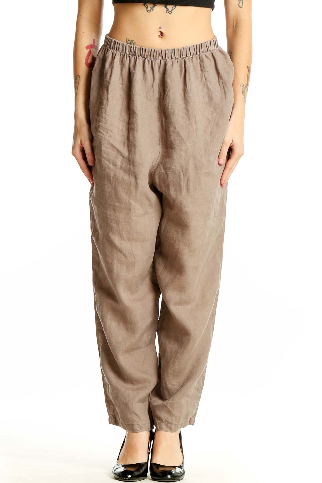 Beige Linen Wide-Leg Pants Front