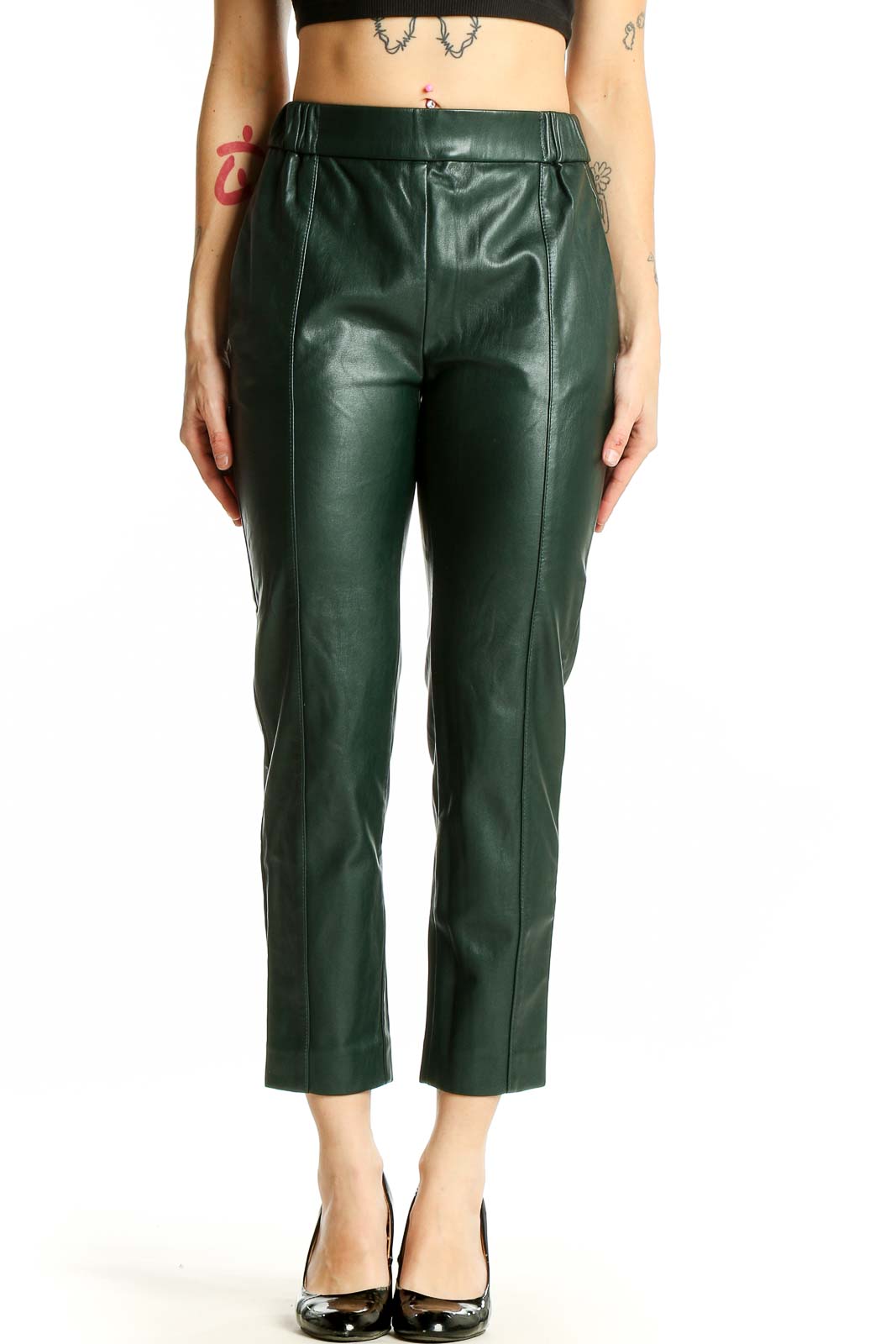 Forest Green Faux Leather Cropped Trousers Front