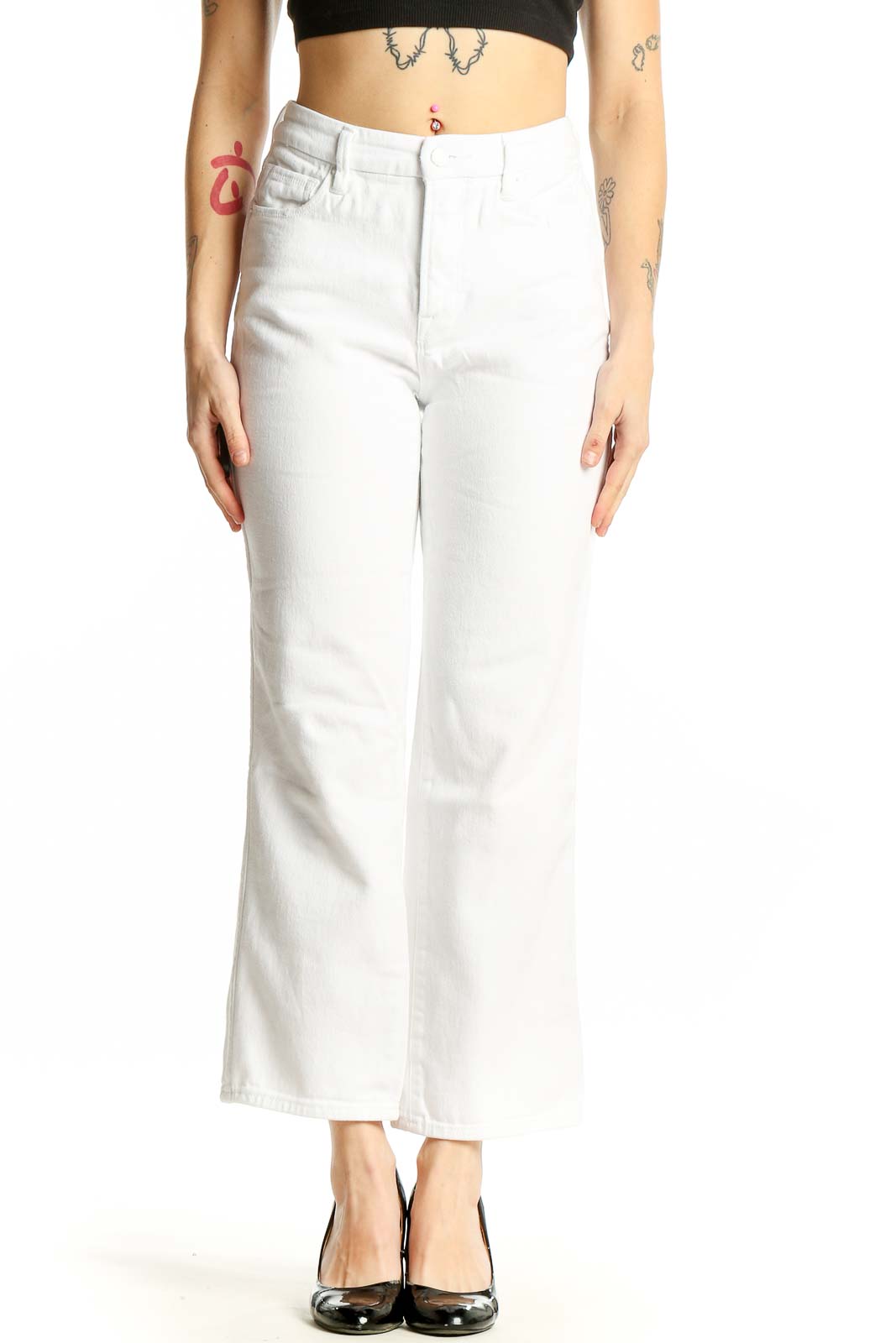 White Cotton Blend Straight Leg Jeans Front