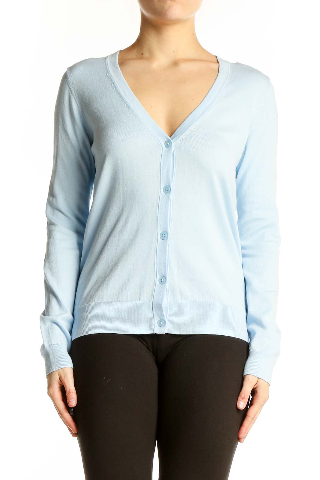Light Blue Cotton V-Neck Cardigan Front