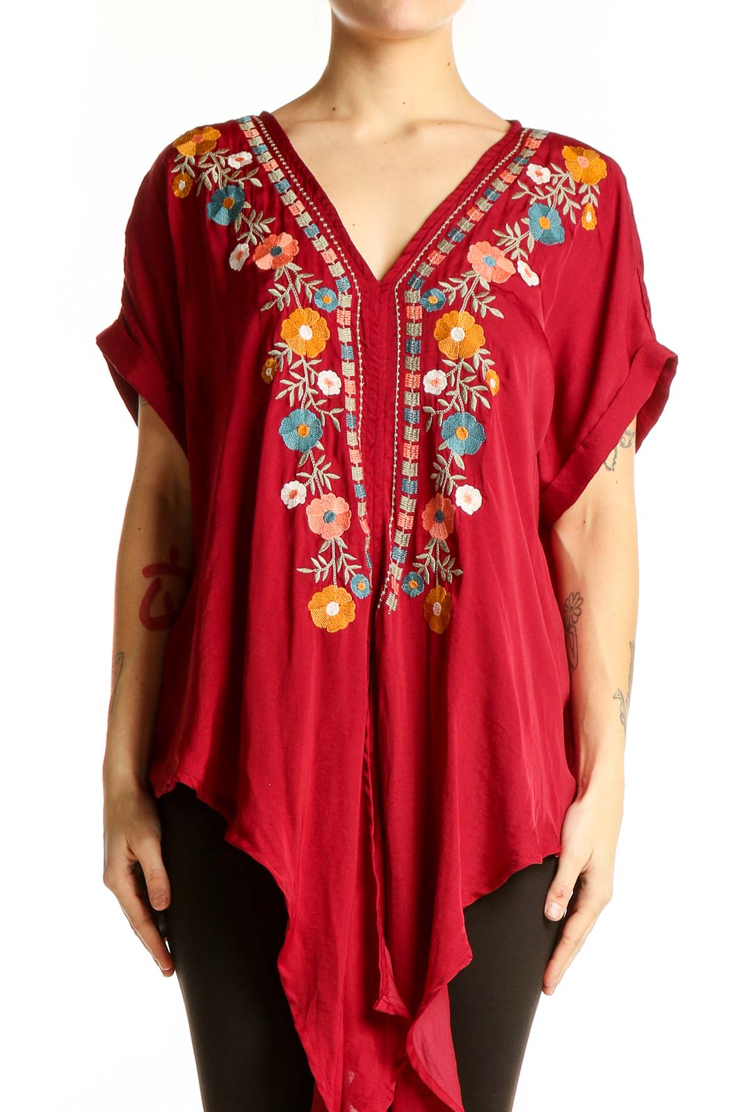 Red Floral Embroidered V-Neck Tunic Top Front