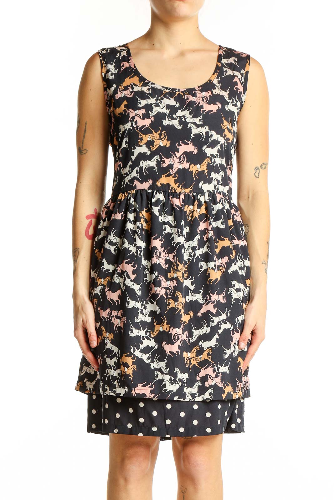Black Horse Print Sleeveless Dress Front