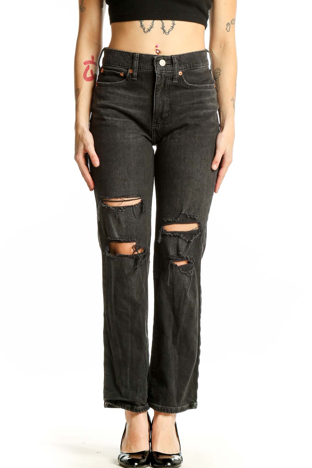 Black Distressed Straight Leg Jeans Front