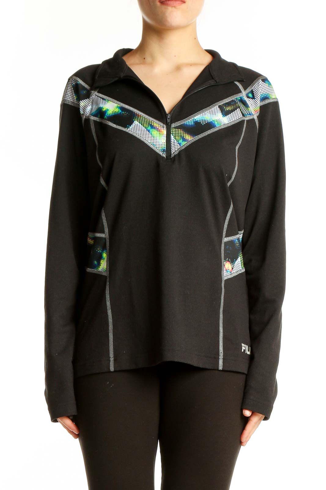 Black Sporty Half-Zip Pullover with Geometric Accents Front