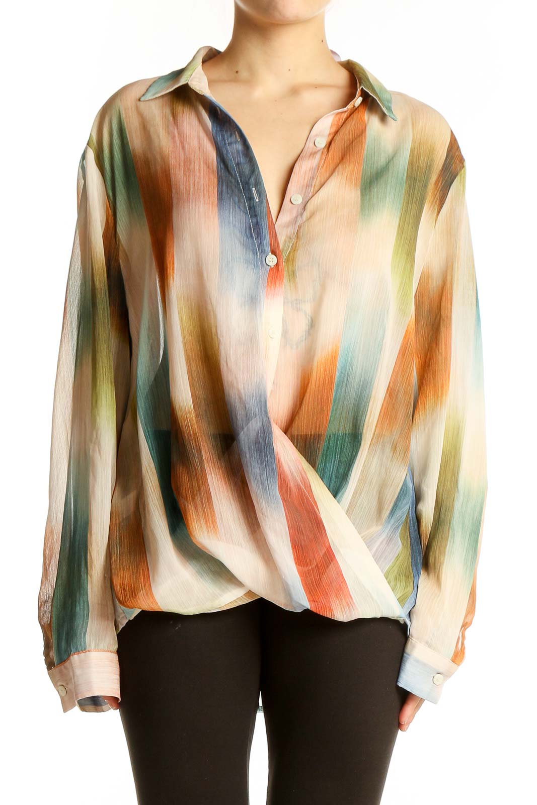 Multicolor Watercolor Wrap Blouse Front