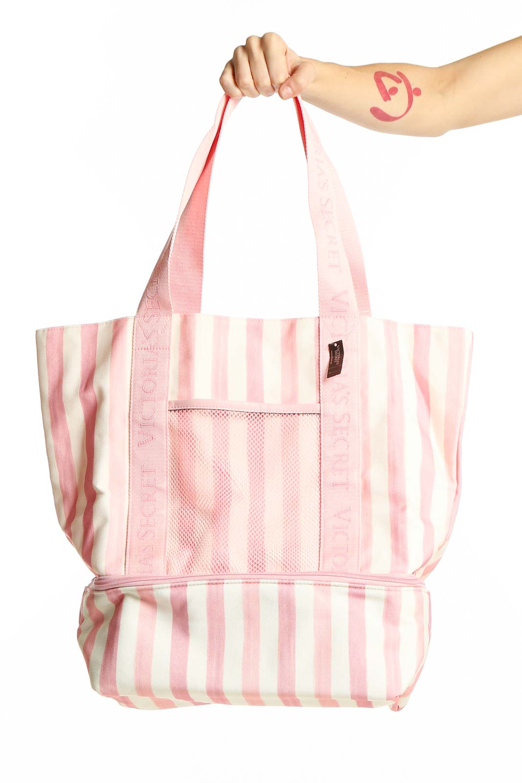Pink Striped Beach Tote Bag Front