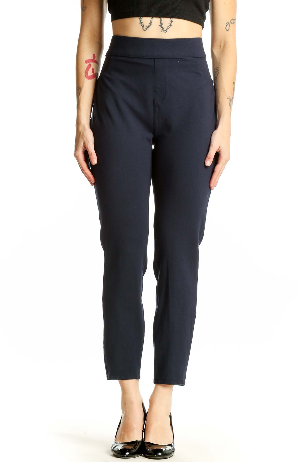 Navy High-Waisted Slim Fit Pants Front