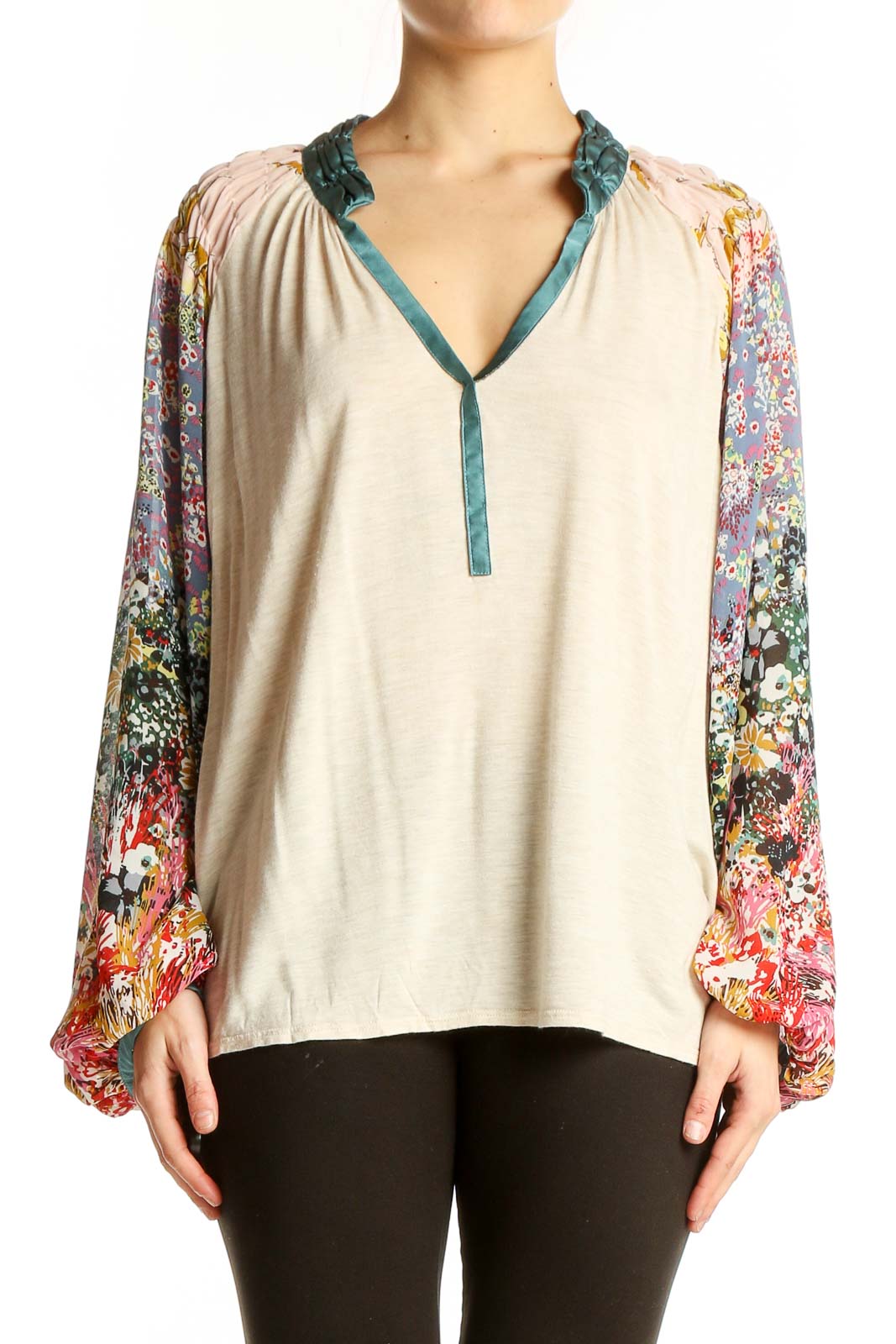 Beige Floral Print Sleeve Peasant Top Front