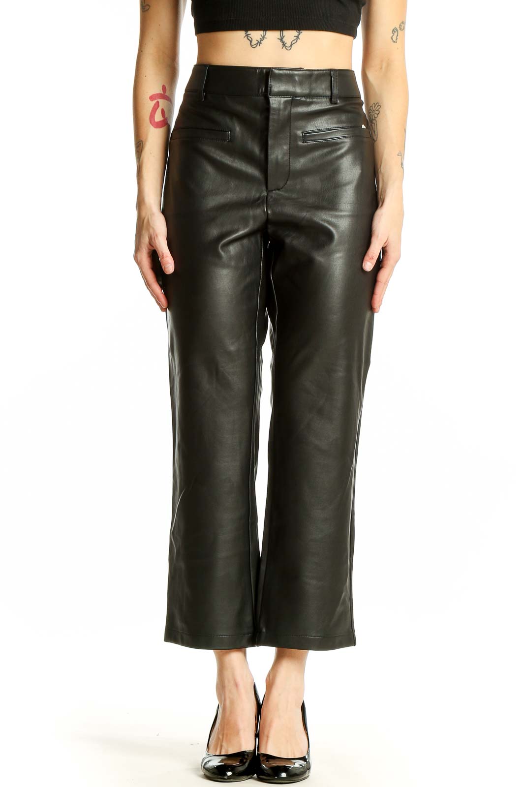 Black Faux Leather Wide-Leg Cropped Pants Front