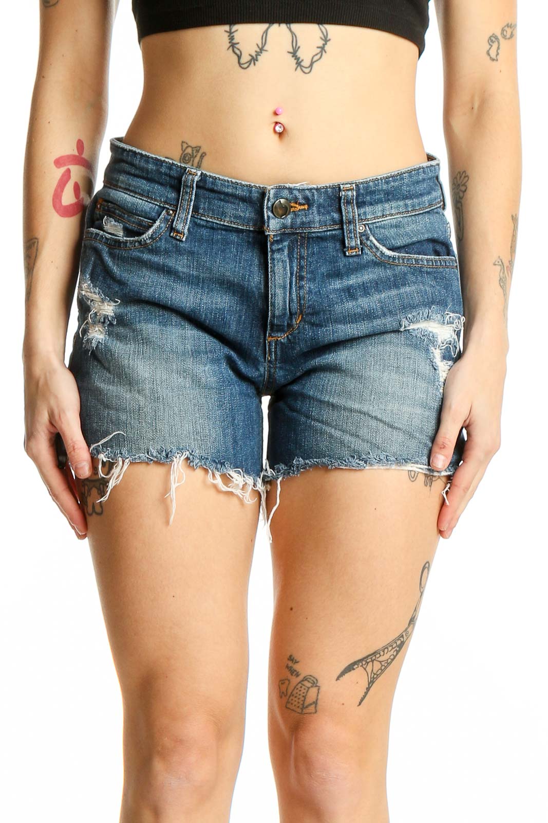 Blue Distressed Denim Cut-Off Shorts Front