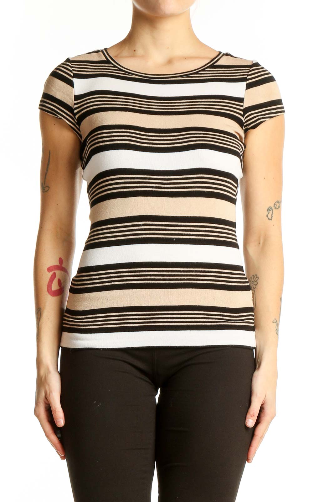 Beige Striped Cap Sleeve Top Front