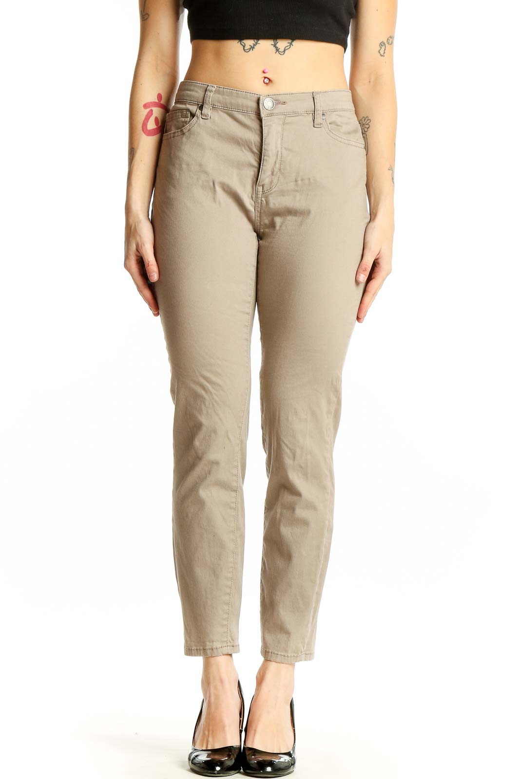 Khaki Cotton Blend Slim Fit Pants Front