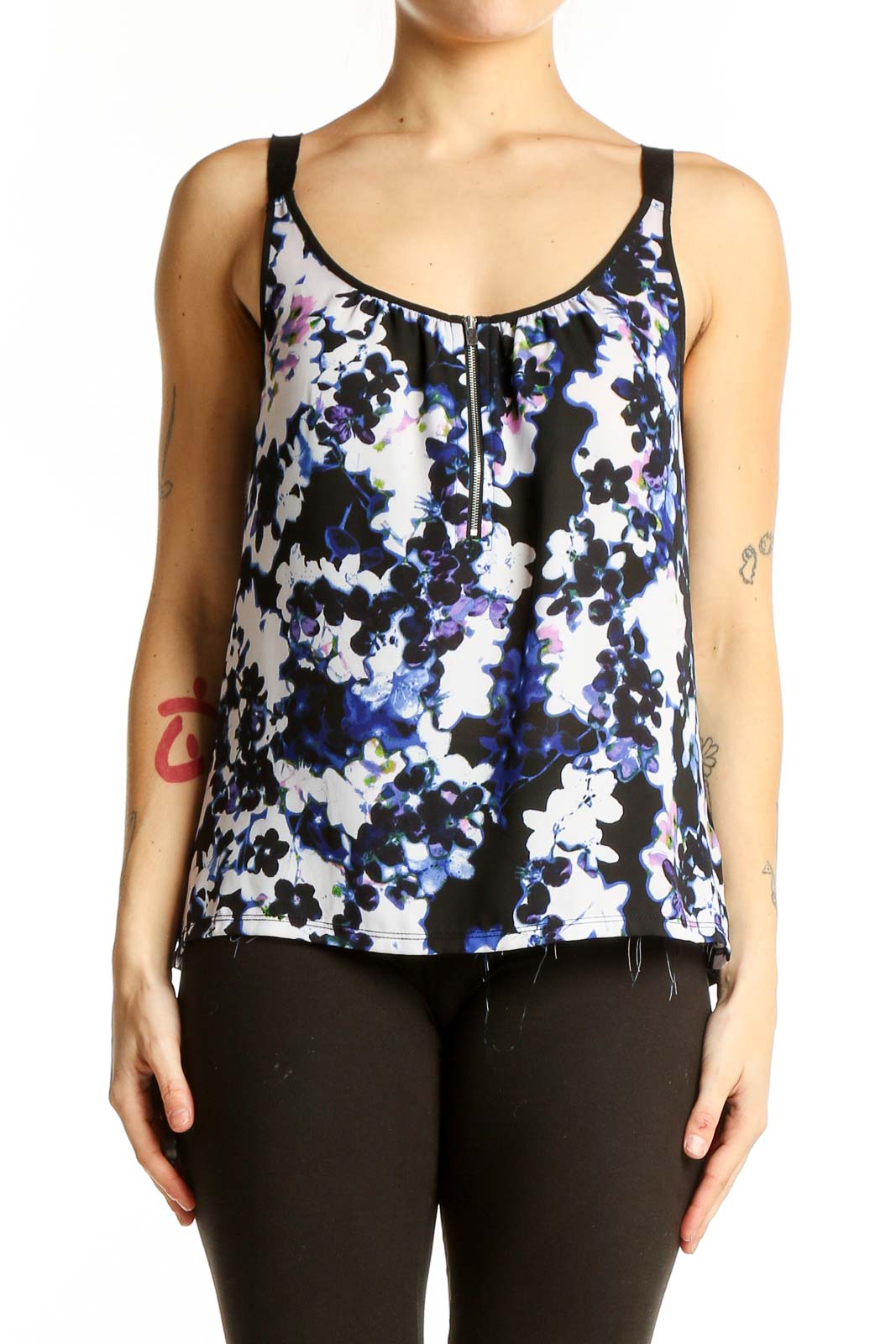 Blue Floral Print Sleeveless Tank Top Front