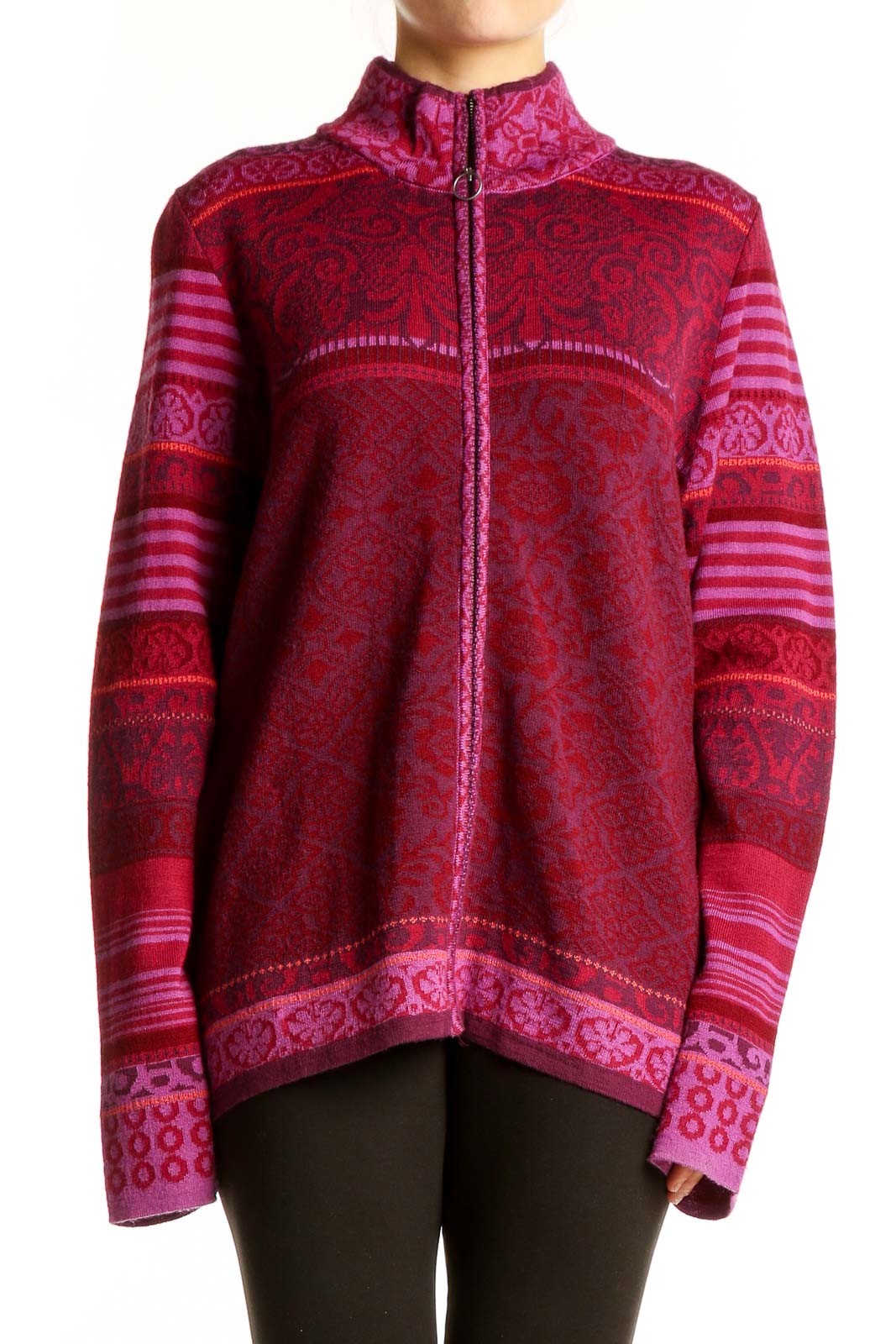 Red Patterned Wool Blend Zip-Up Sweater Front