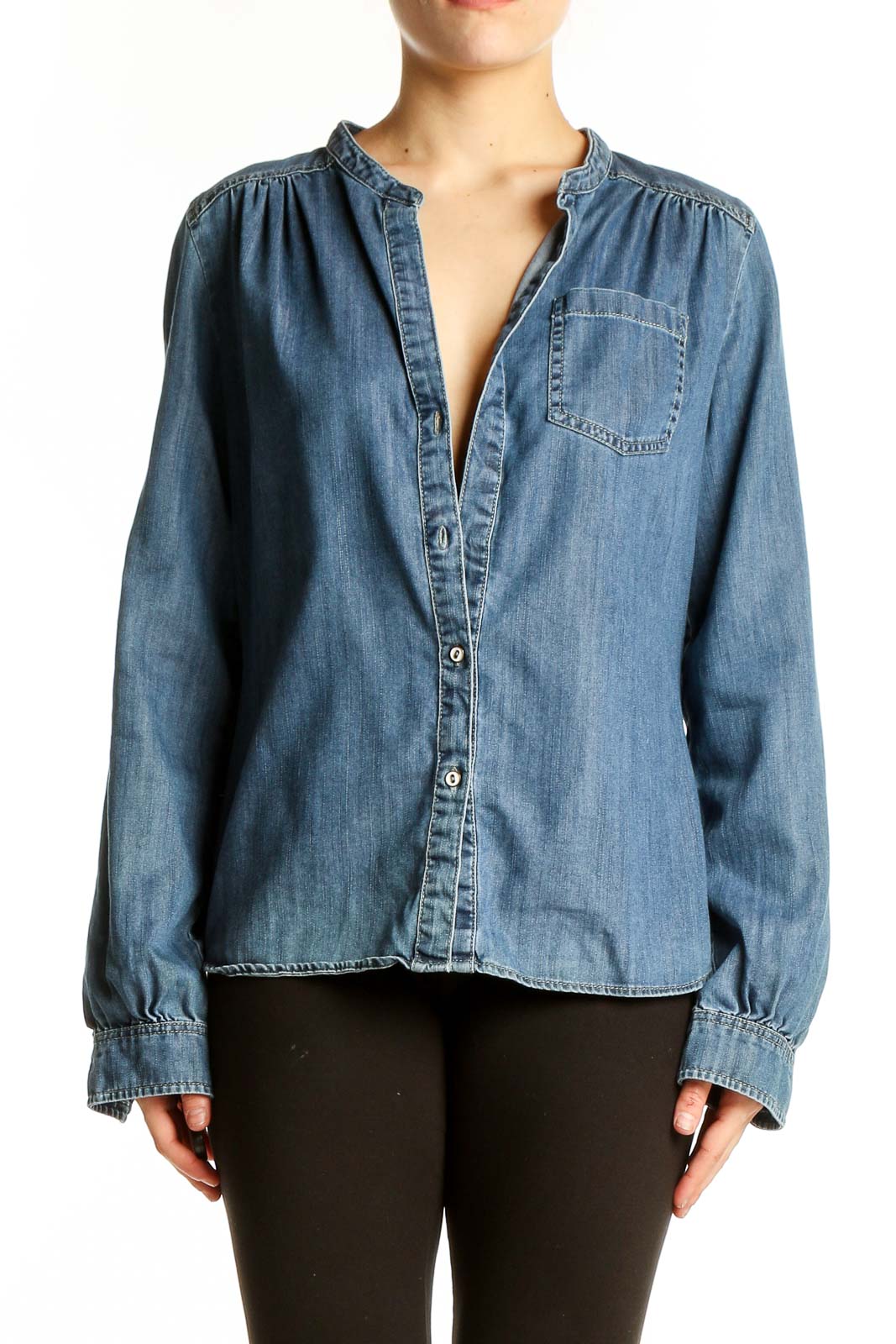 Blue Chambray Button-Up Blouse Front