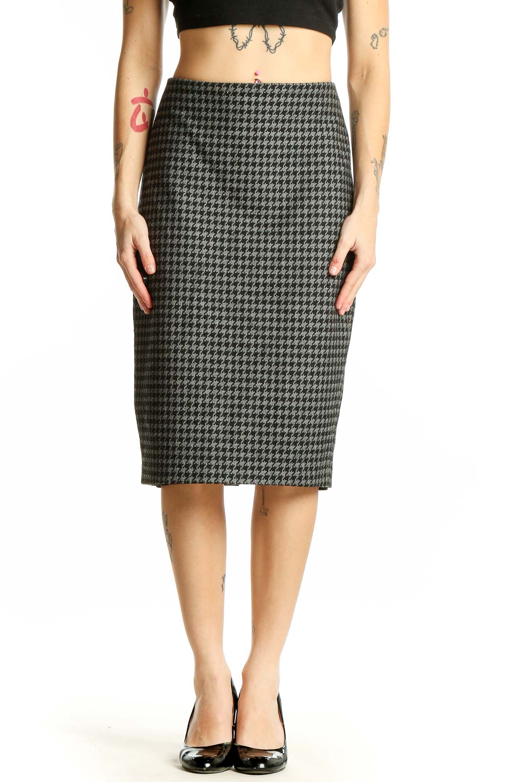 Gray Houndstooth Pencil Skirt Front