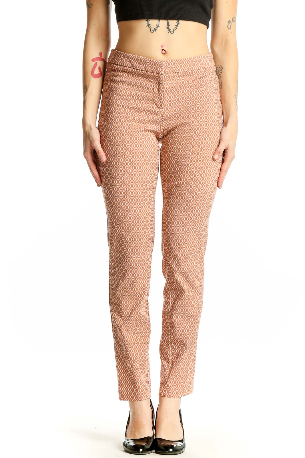 Peach Geometric Print Slim Fit Pants Front