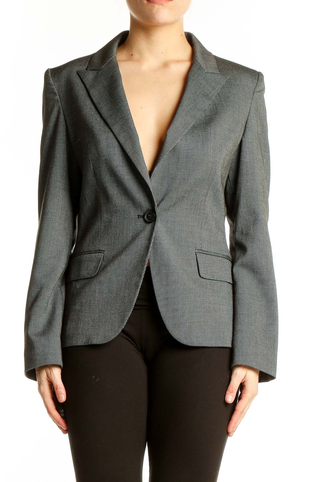 Gray Polyester Blend Single-Button Blazer Front