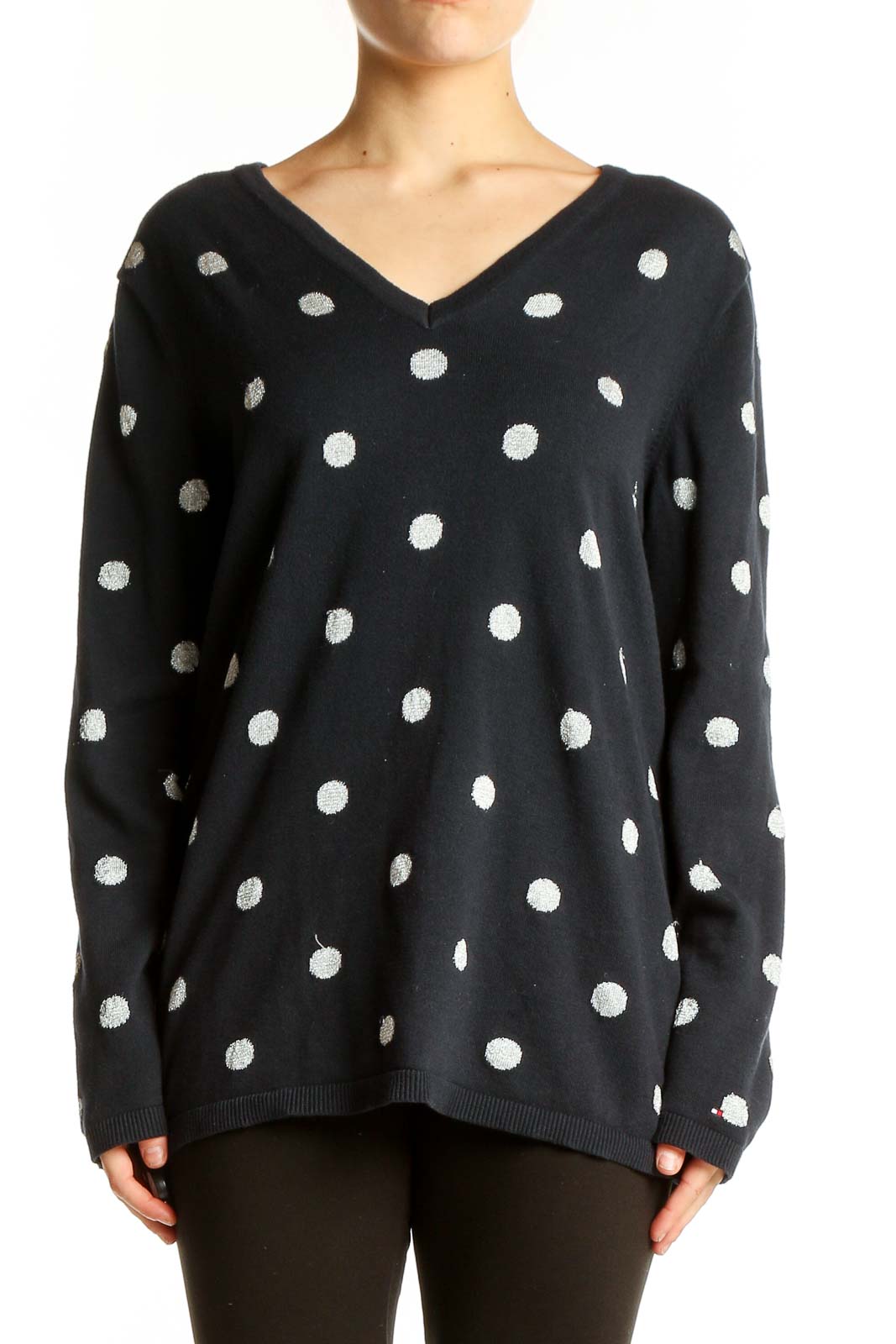 Black Polka Dot V-Neck Knit Sweater Front