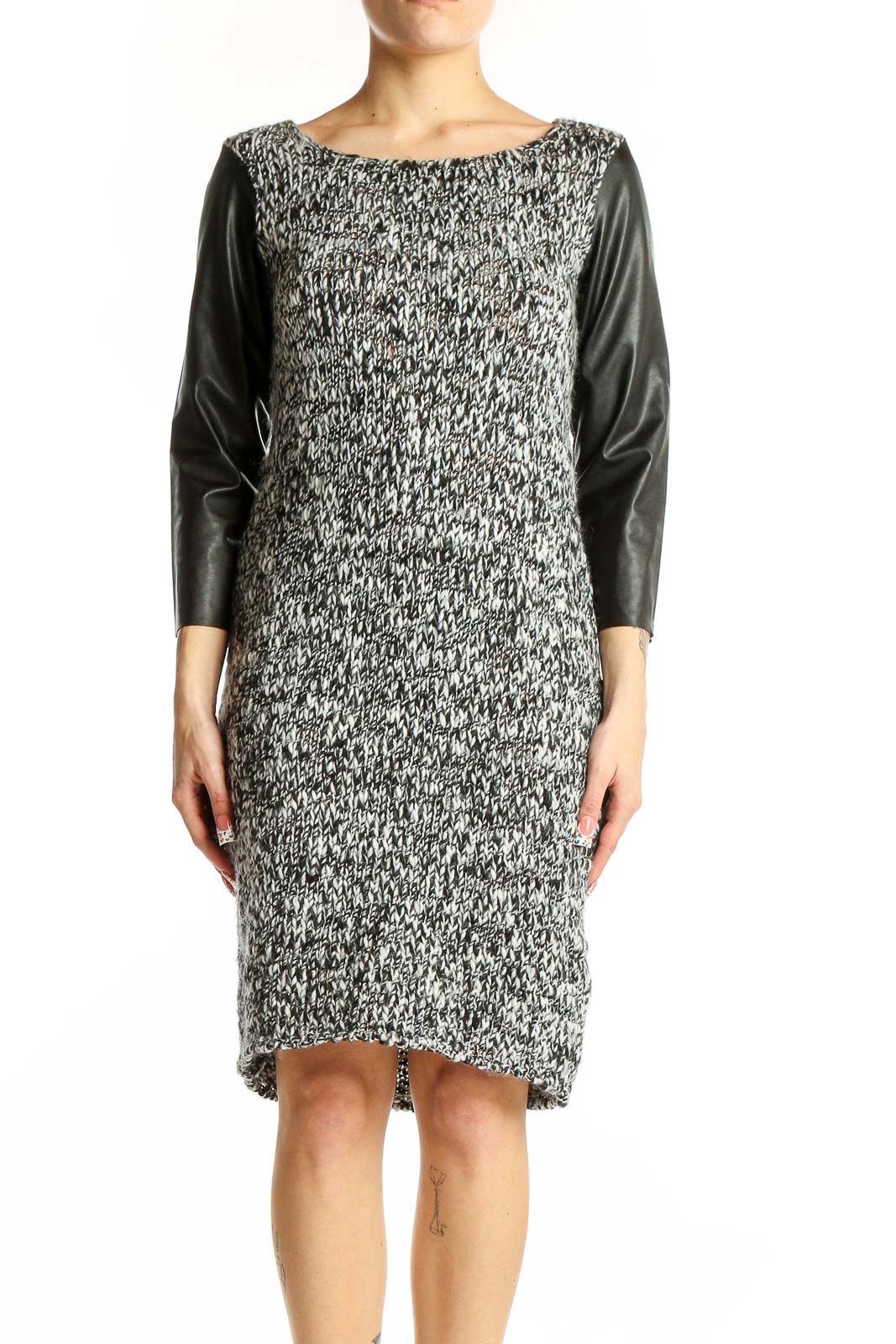 Gray Textured Knit Dress with Leather Sleeves Front