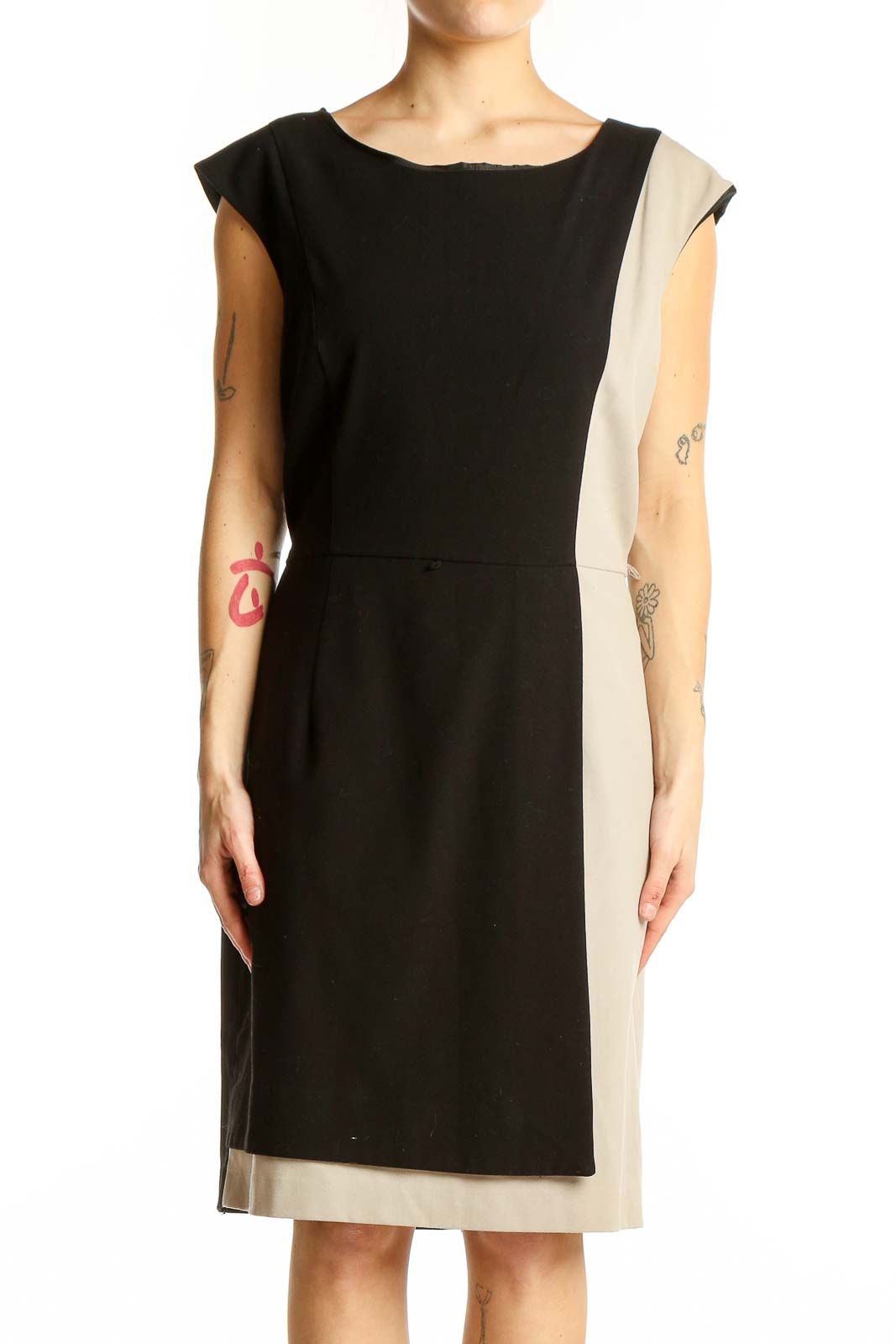 Black and Beige Color Block Sheath Dress Front