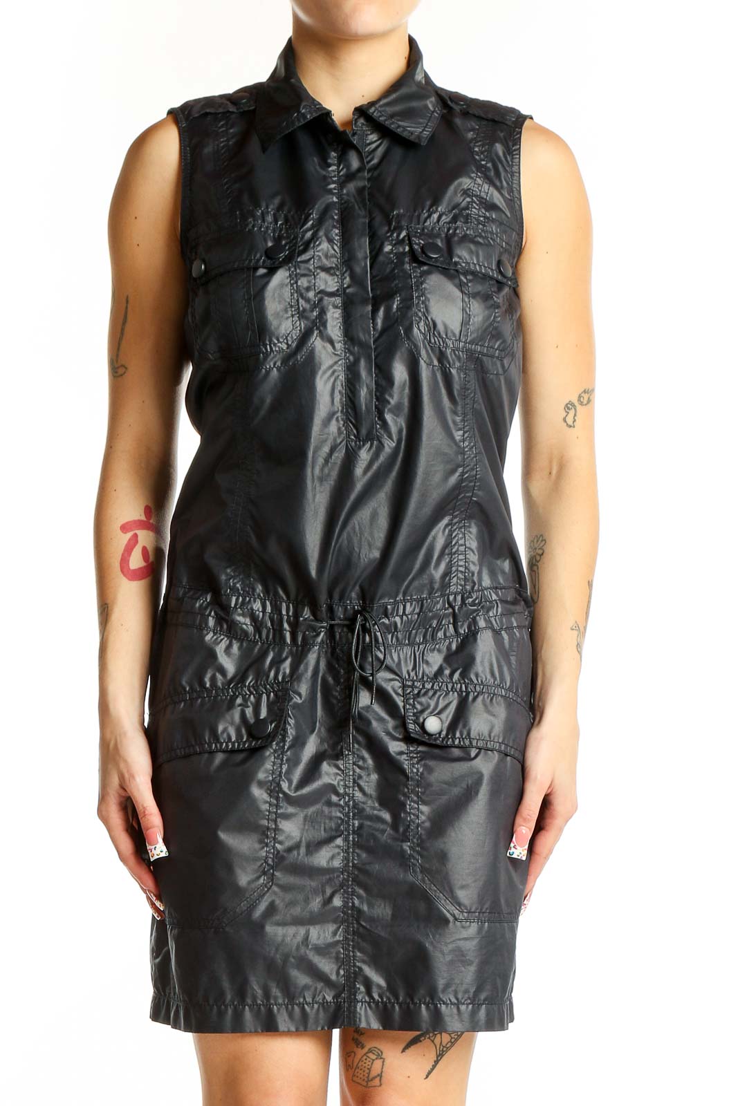 Black Sleeveless Utility Dress Front