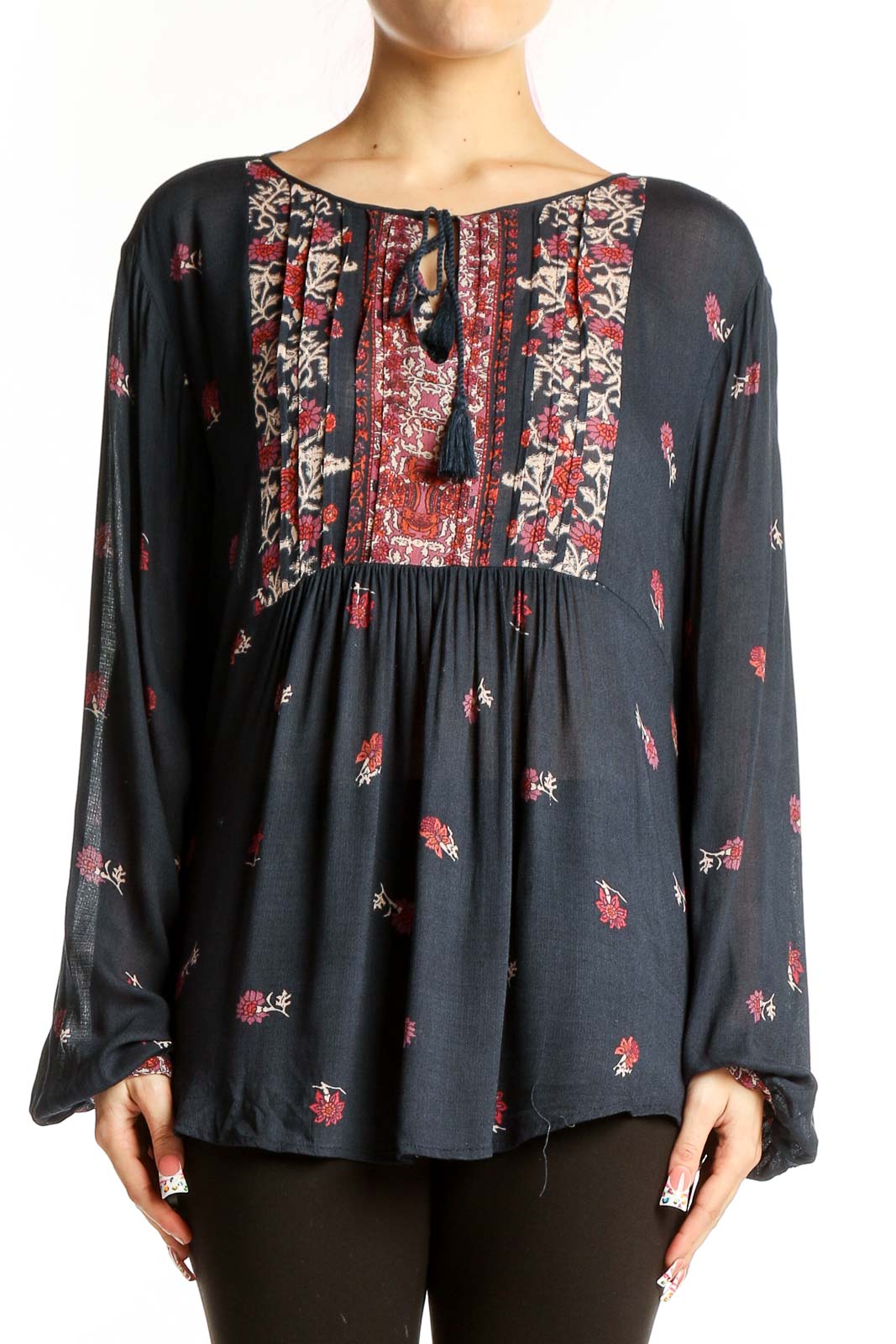 Black Floral Peasant Blouse Front
