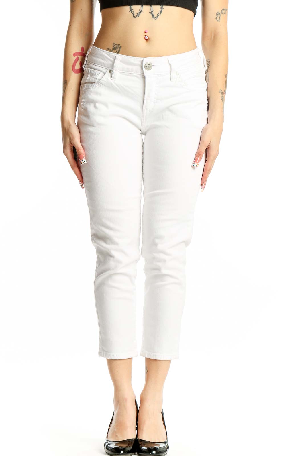 White Cotton-Blend Cropped Jeans Front