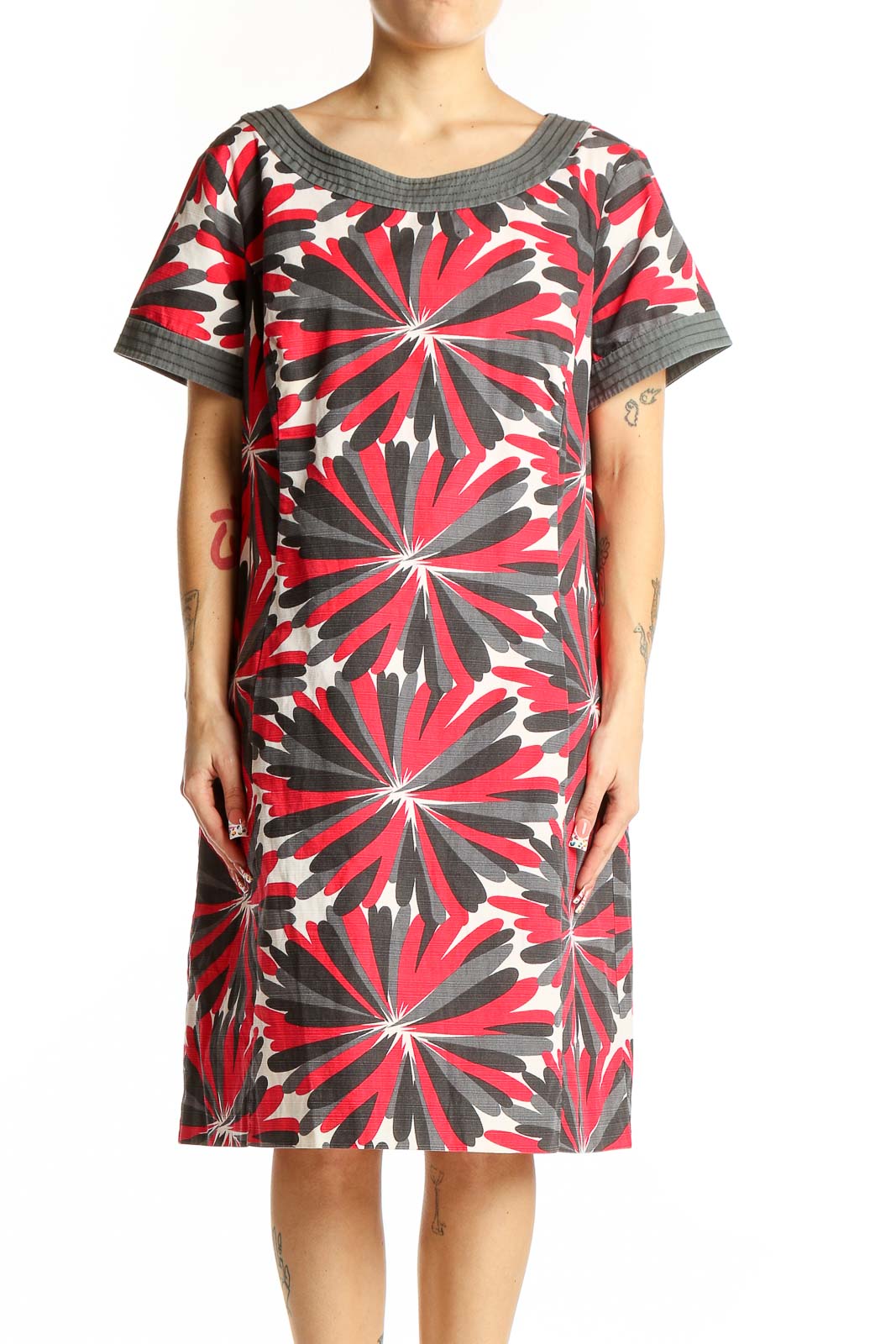 Red and Gray Floral Print Cotton Dress Front