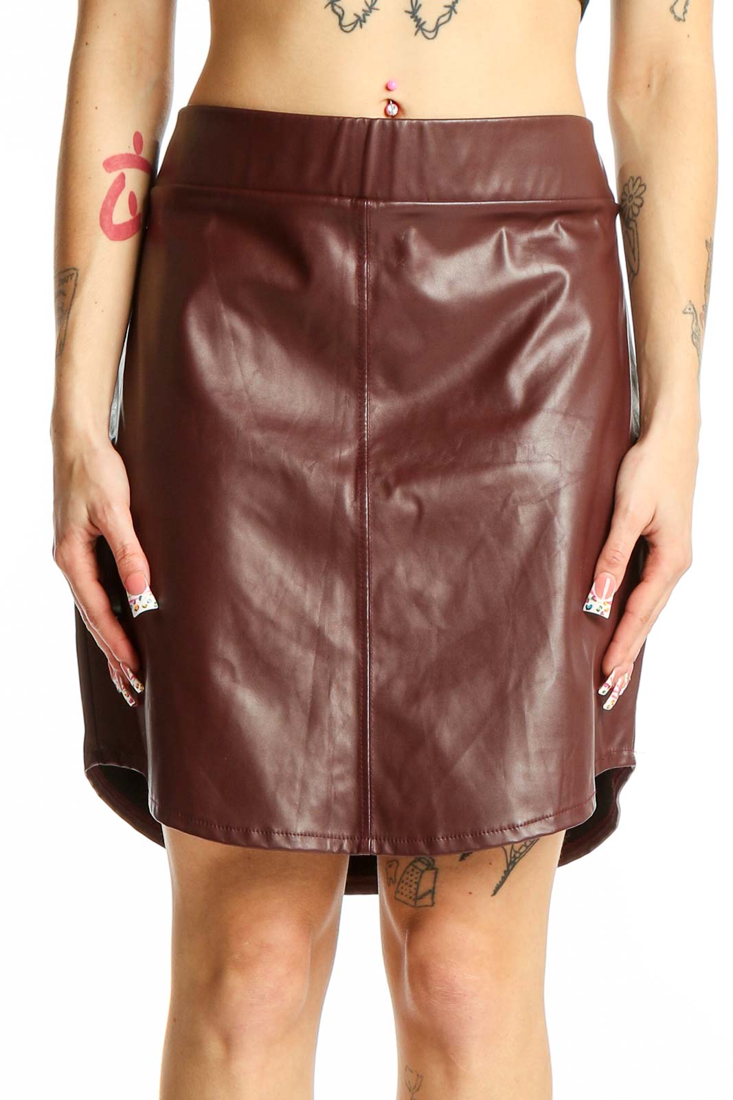 Burgundy Faux Leather Mini Skirt Front