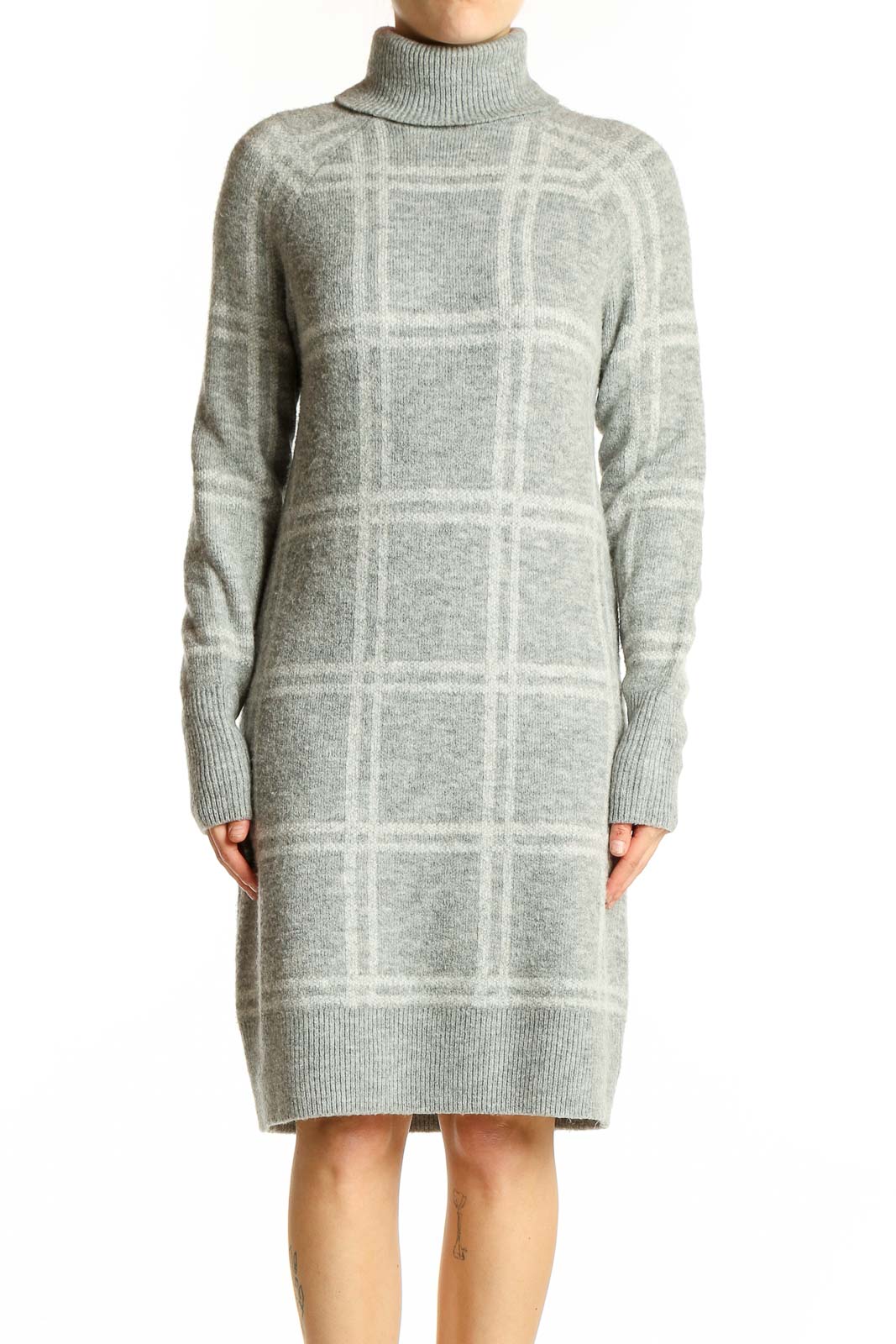 Gray Plaid Turtleneck Sweater Dress Front