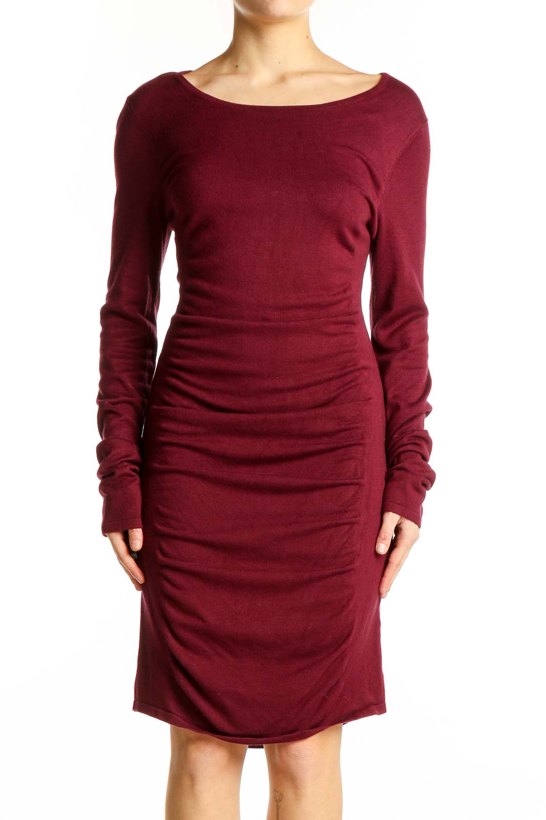 Burgundy Ruched Long Sleeve Bodycon Dress Front