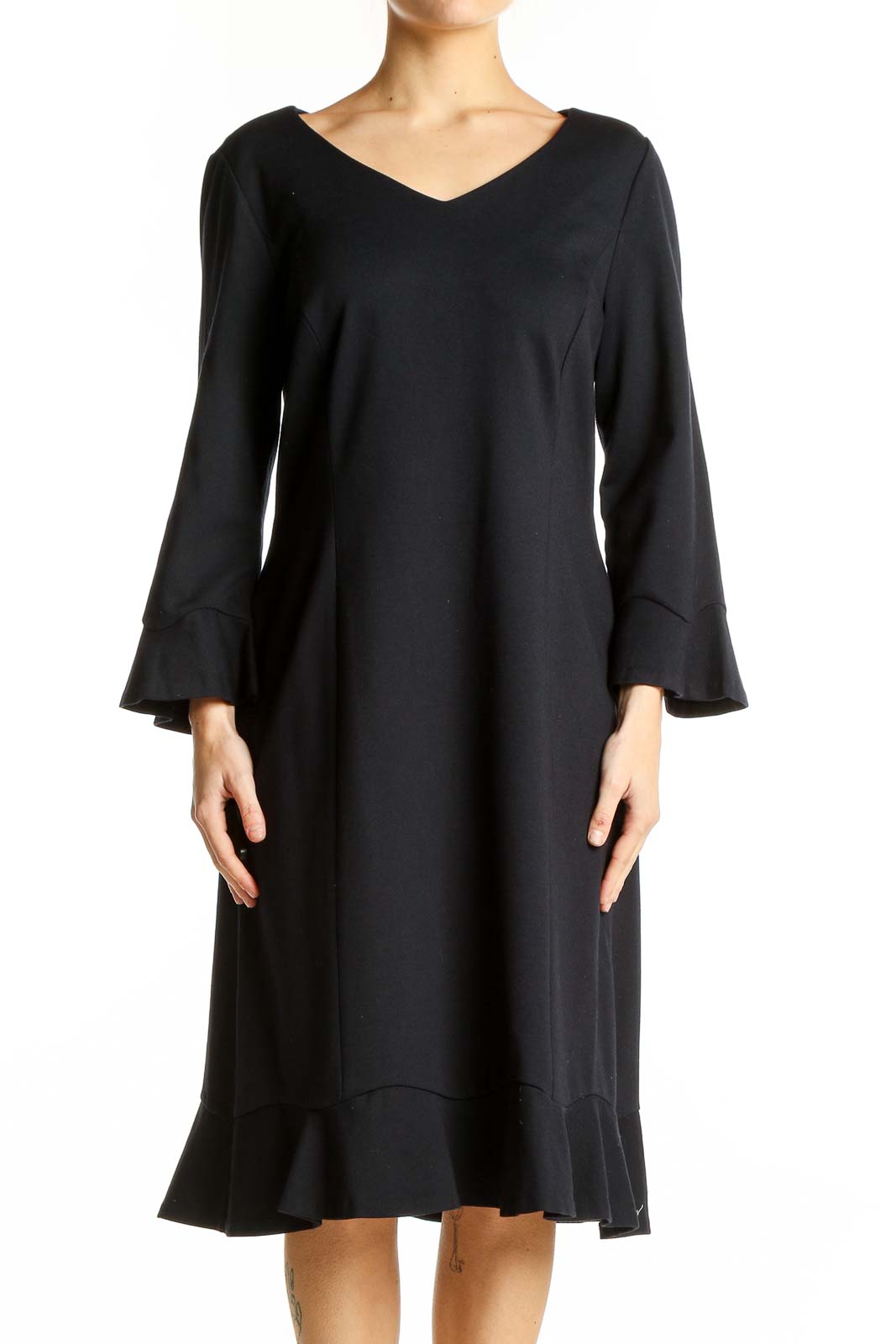 Black Flared Sleeve V-Neck Midi Dress Front