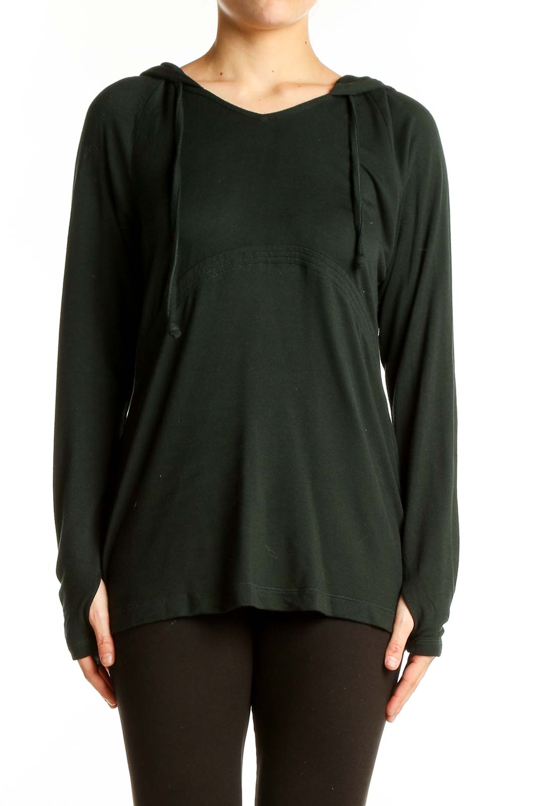 Dark Green Hooded Long Sleeve Top Front