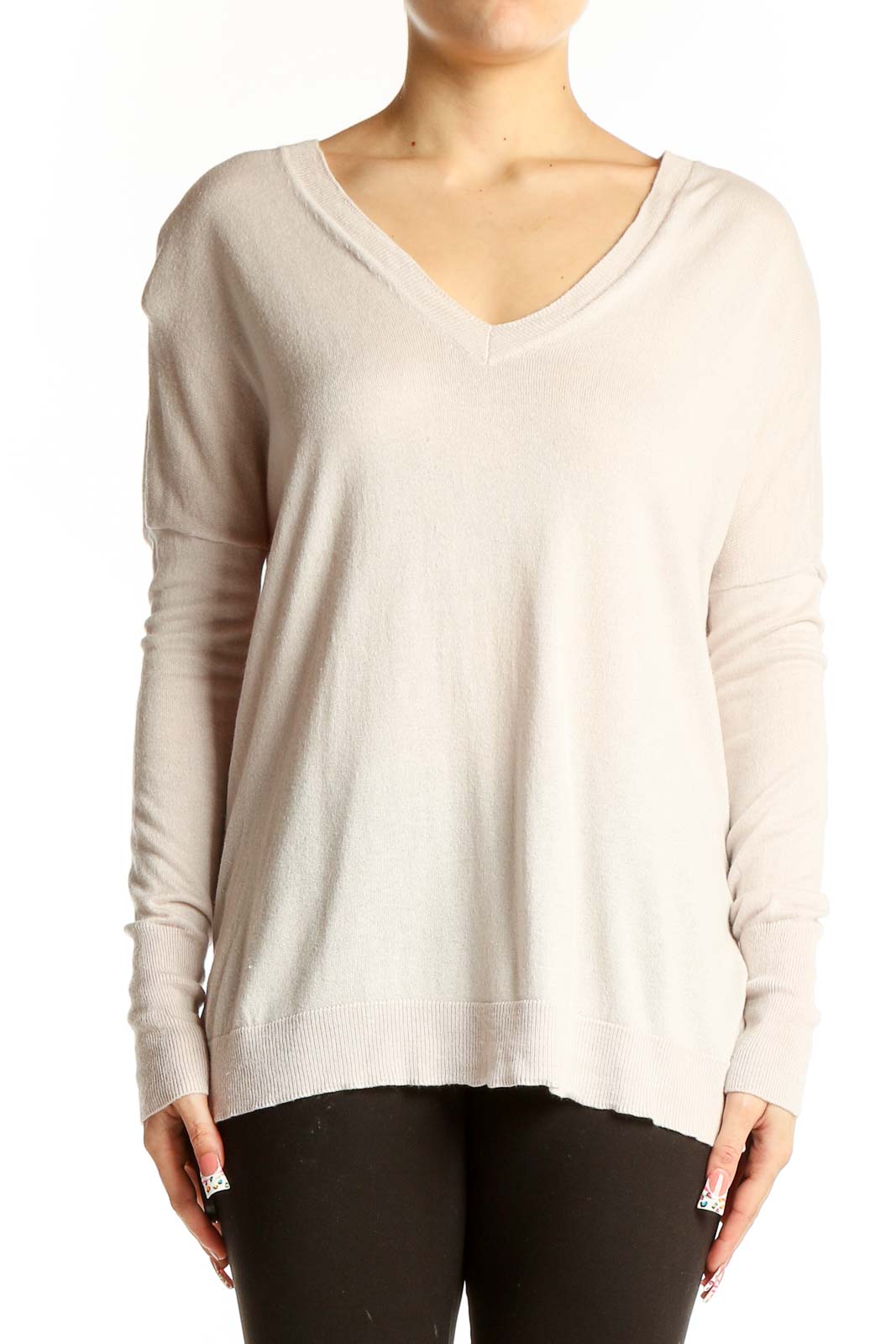 Cream Cashmere-Silk V-Neck Sweater Front