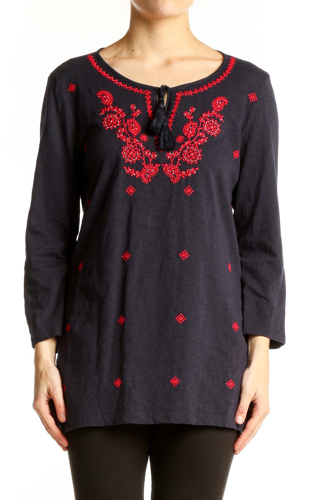 Navy Embroidered Cotton Tunic Top Front