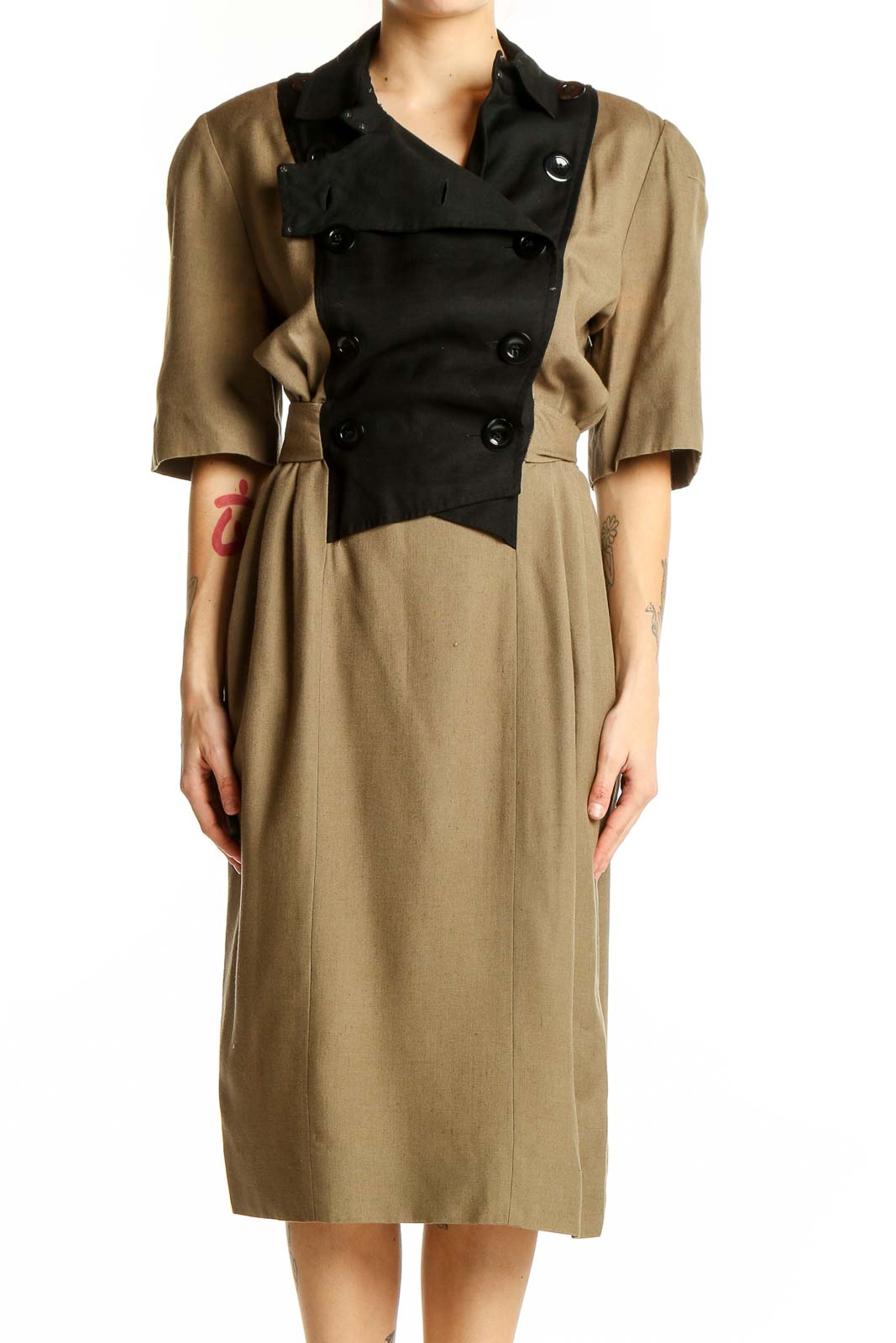 Tan and Black Double-Breasted Midi Dress Front
