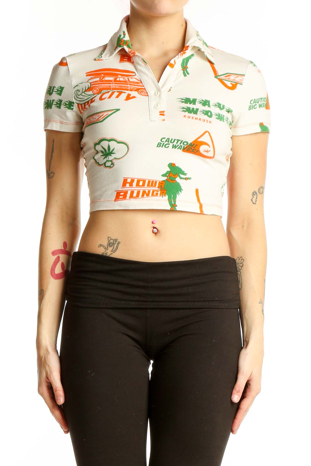 Beige Graphic Print Crop Polo Shirt Front