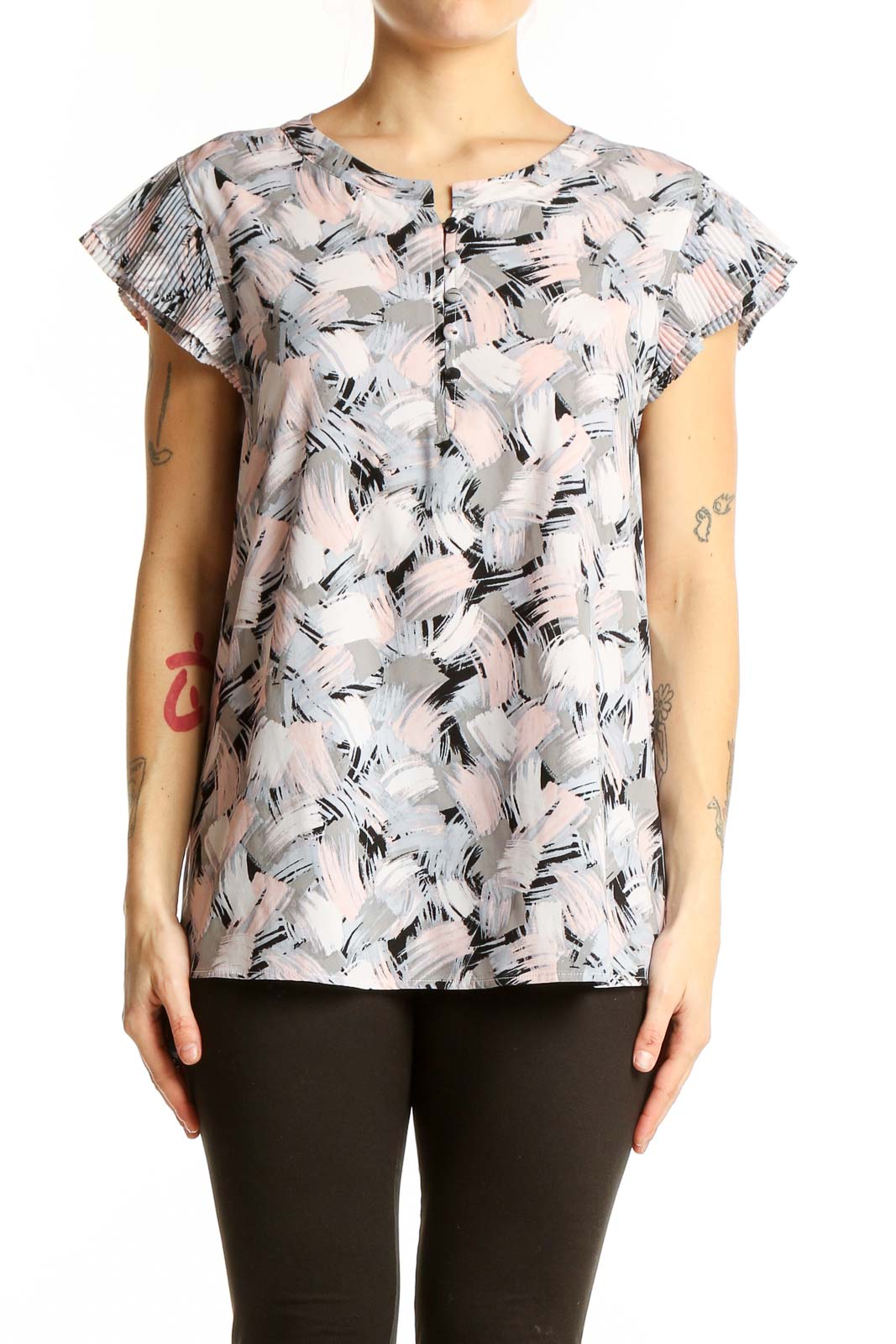Gray Abstract Print Cap Sleeve Blouse Front