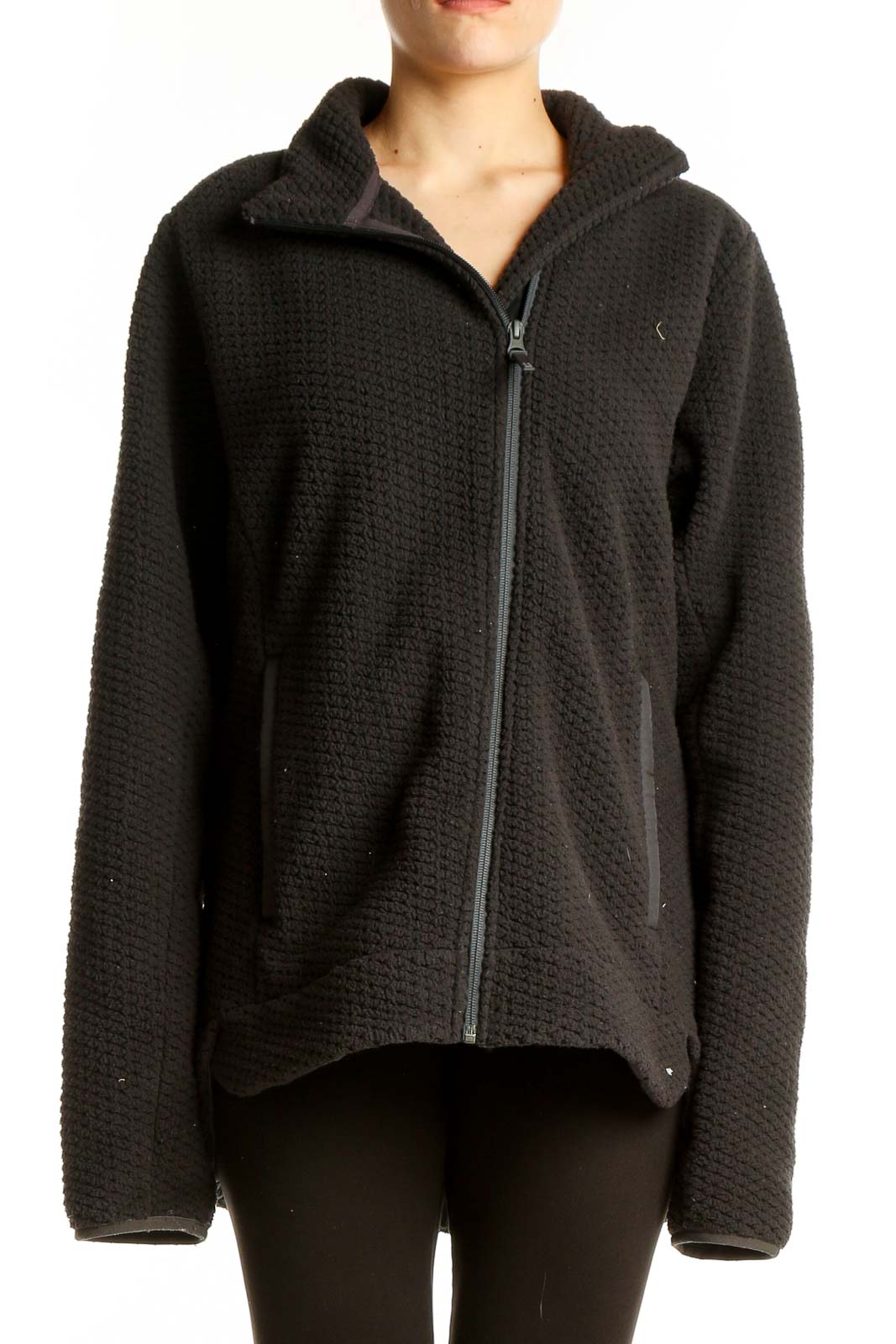 Black Textured Zip-Up Hooded Jacket Front