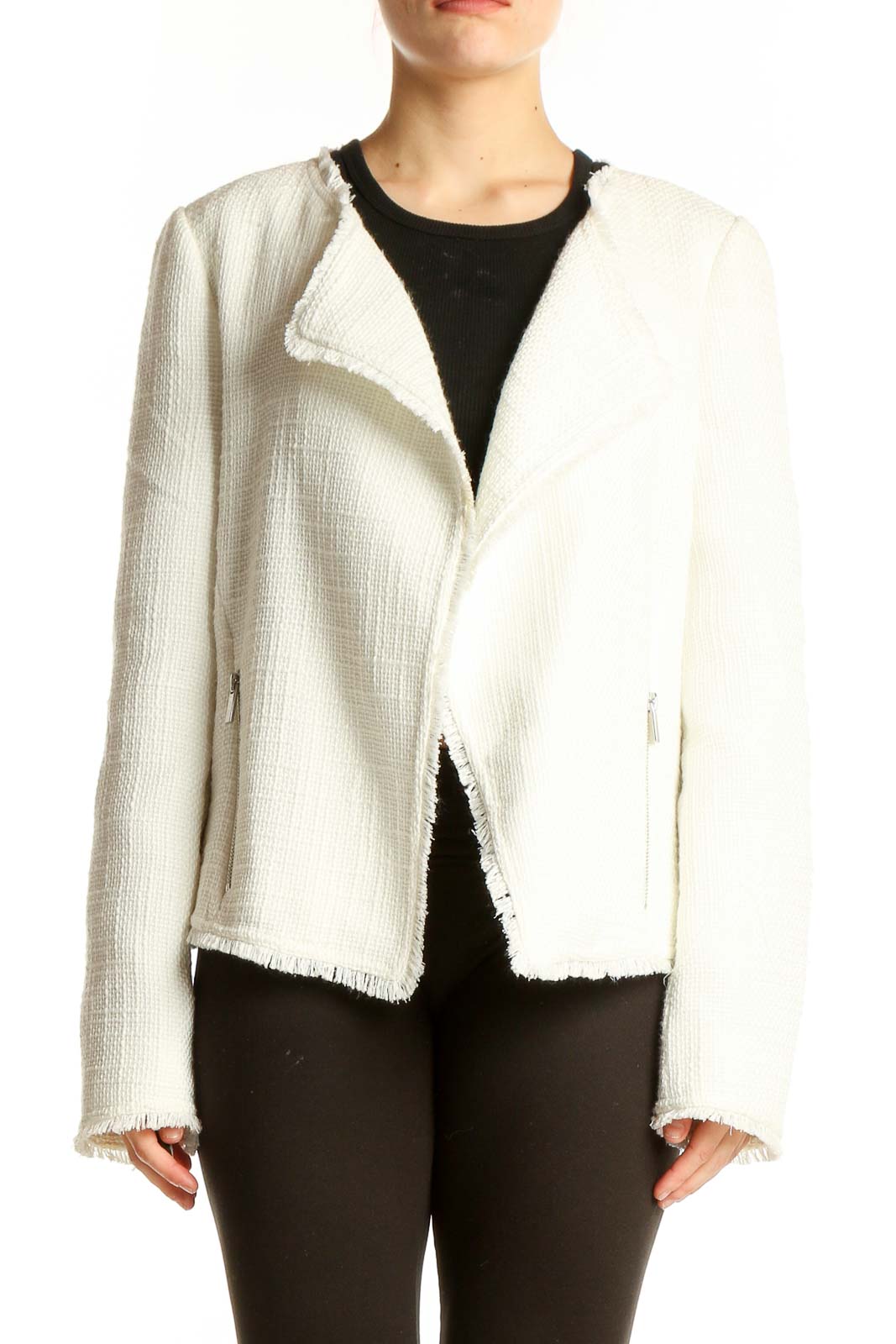 White Textured Asymmetrical Zip Jacket Front