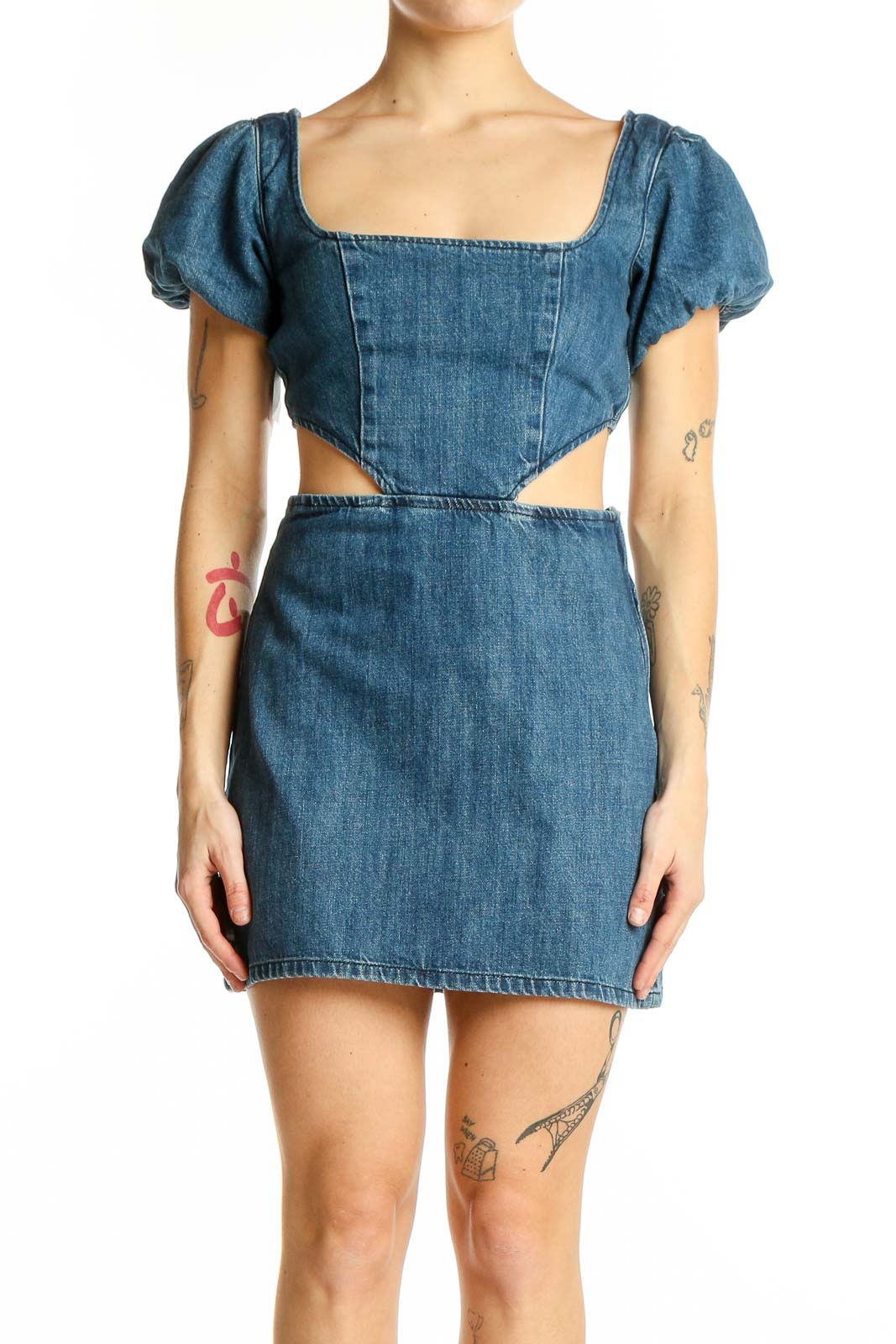 Blue Denim Cutout Mini Dress Front