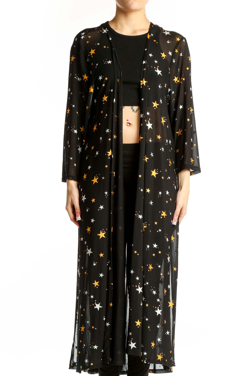 Black Star-Patterned Sheer Duster Front