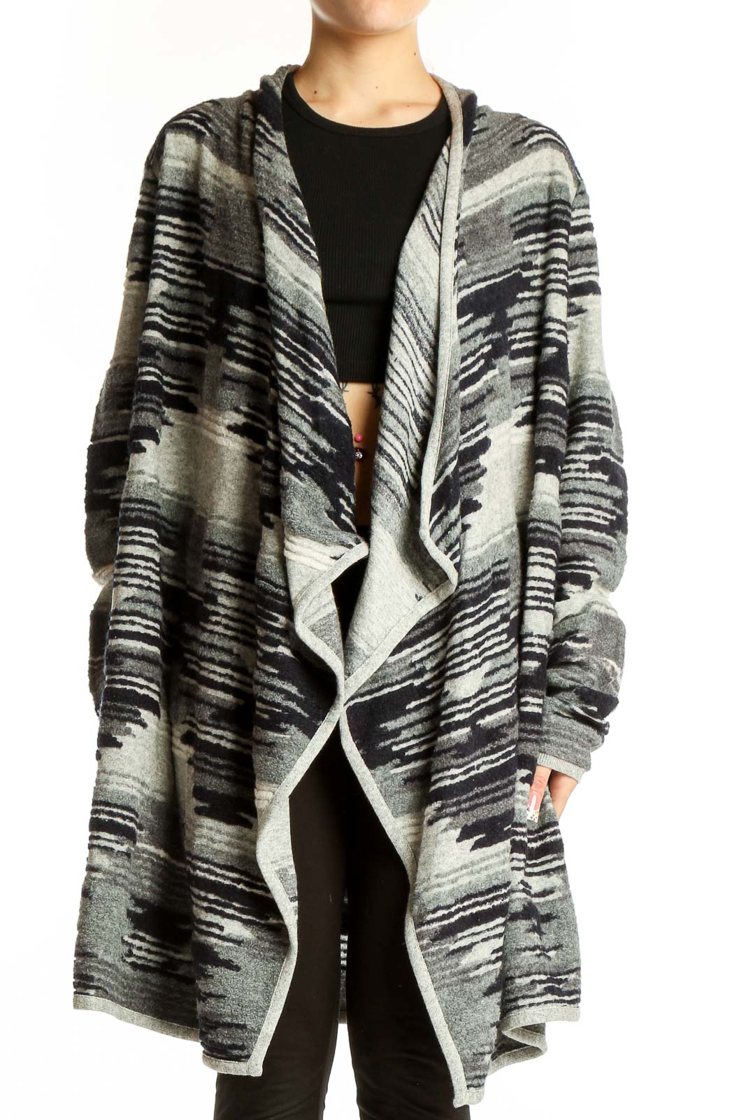Gray Striped Hooded Cardigan Front