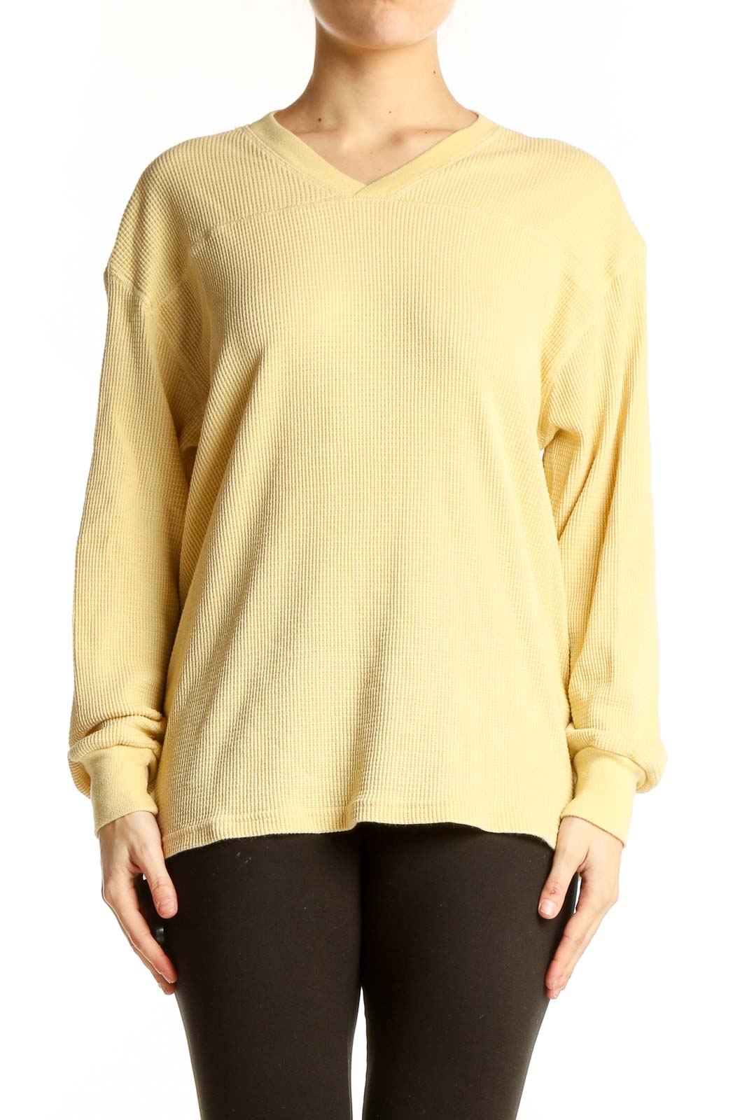 Yellow V-Neck Ribbed Long Sleeve Top Front