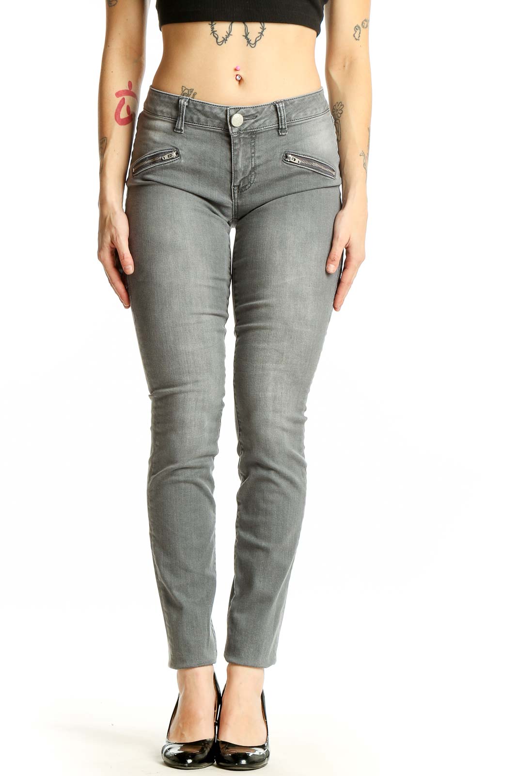 Gray Skinny Denim Jeans with Zipper Details Front